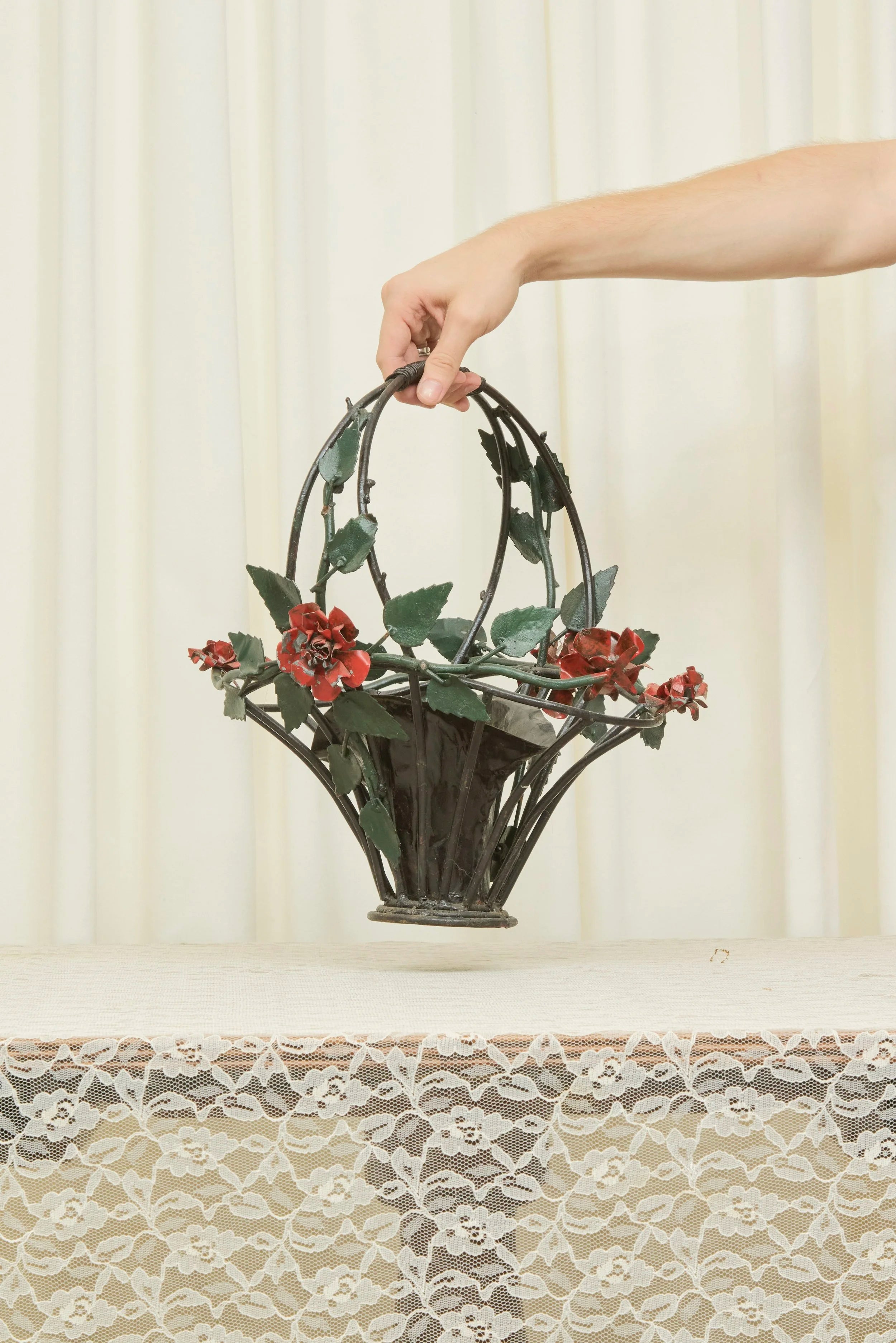 Vintage Tole Flower Basket Plant Holder