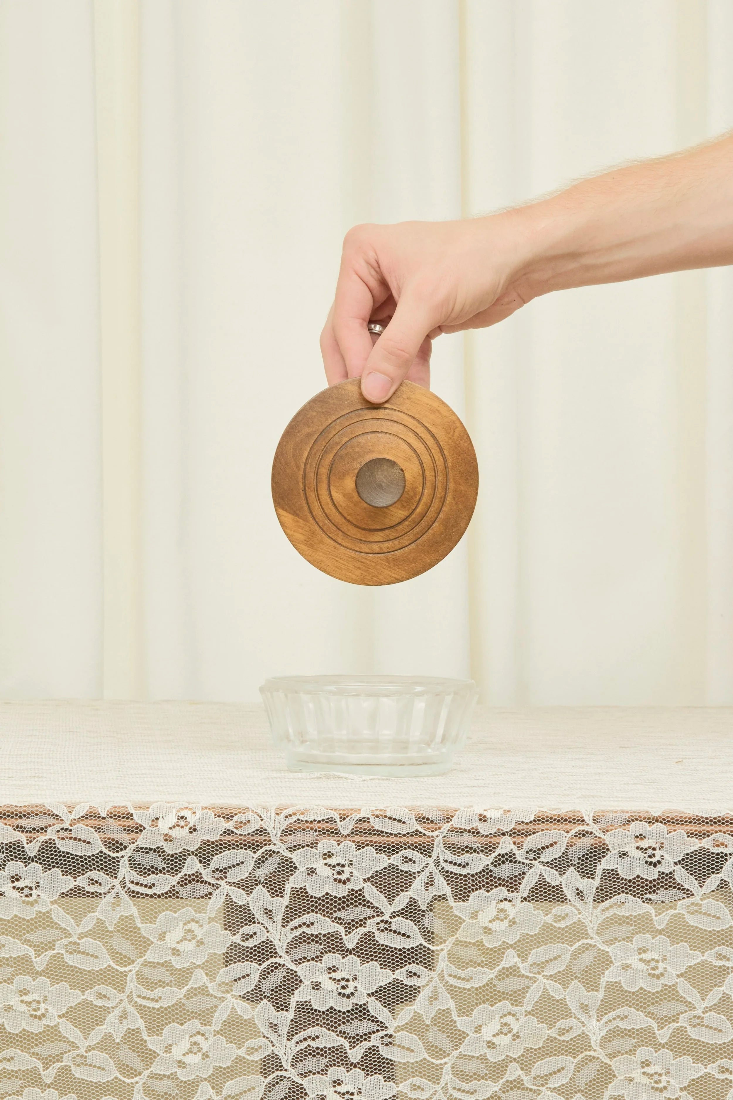 Vintage Glass Dish with Wooden Lid