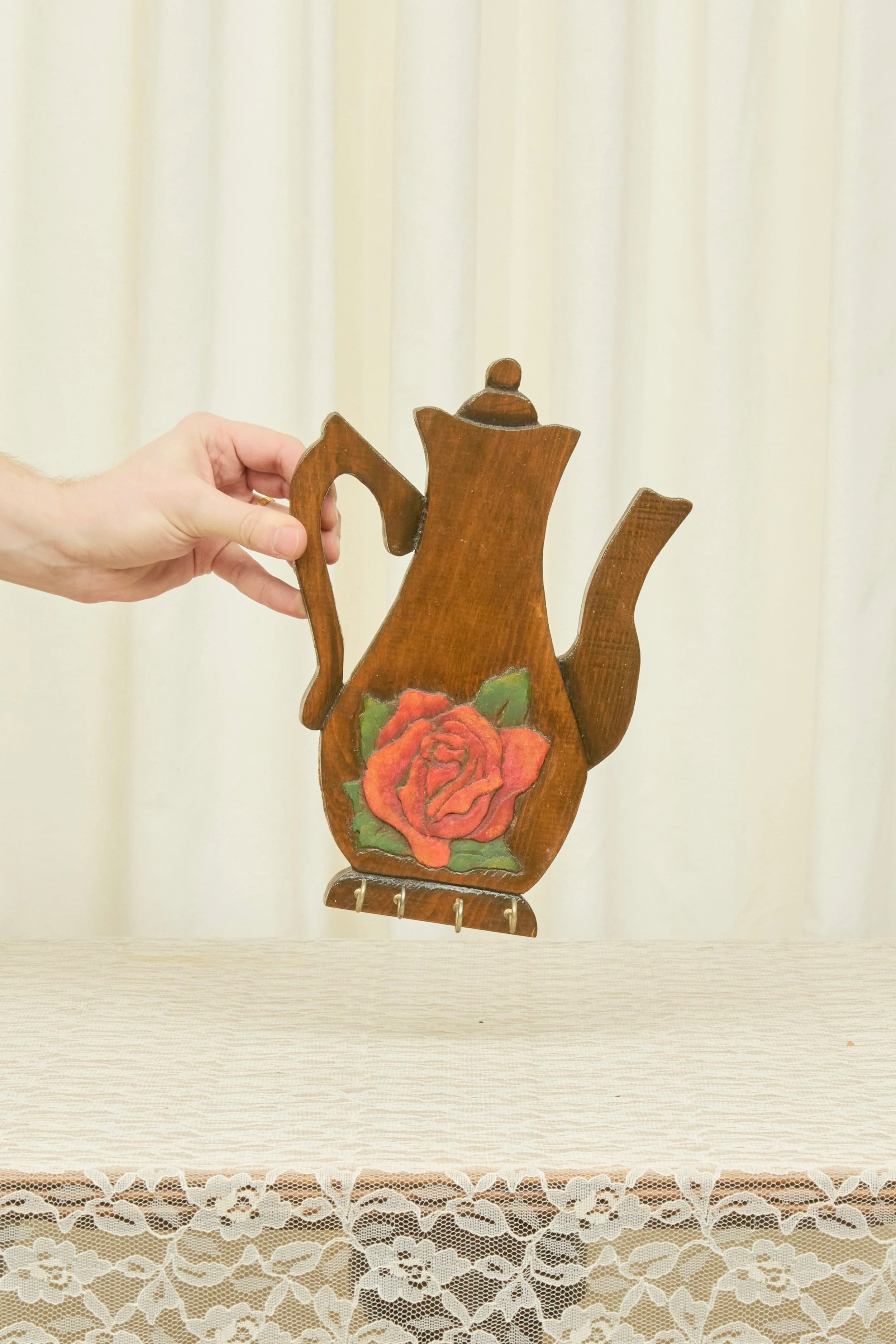 Vintage Rose Teapot Wall Hook
