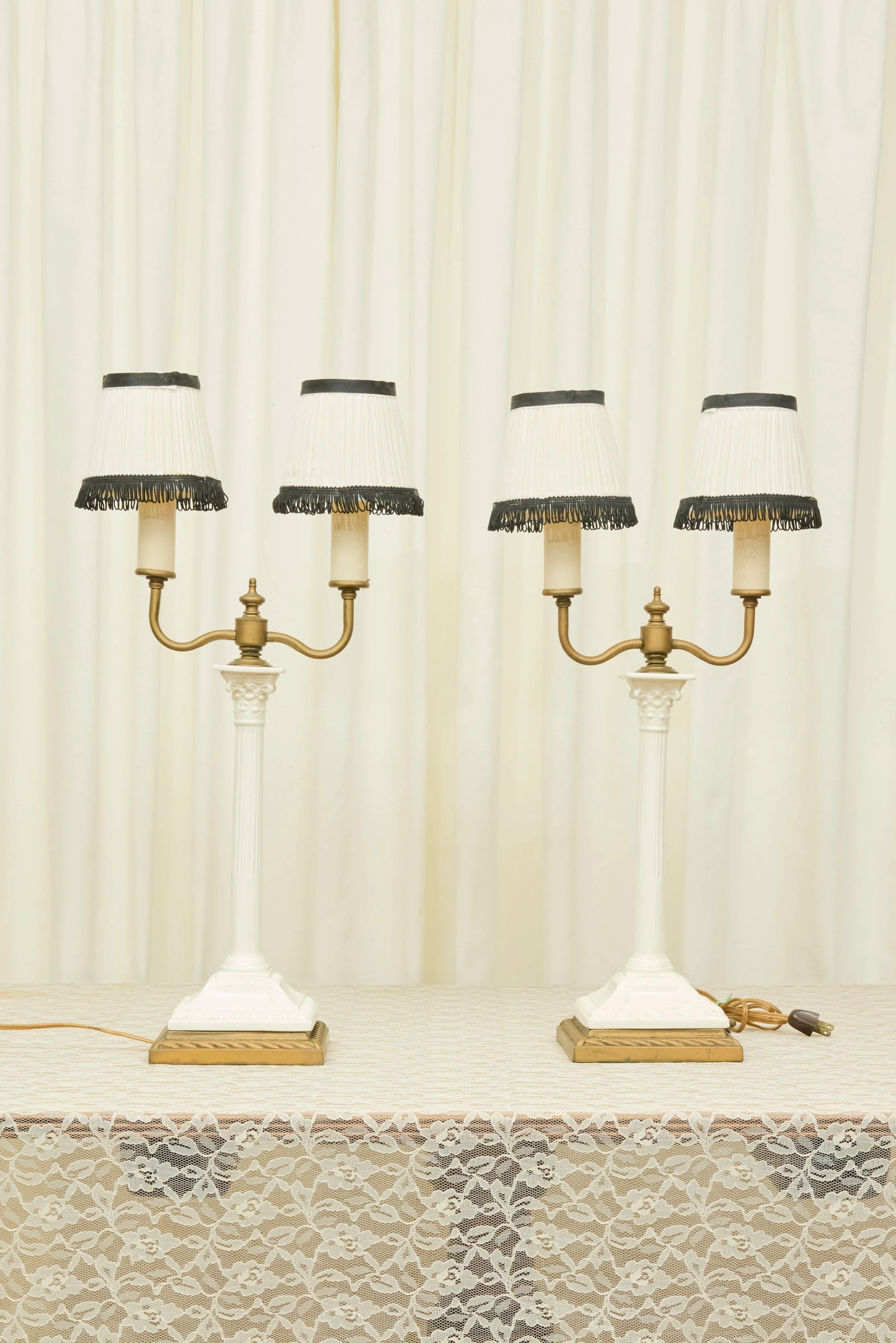 Vintage Ceramic Column Lamp with Fringe Shades