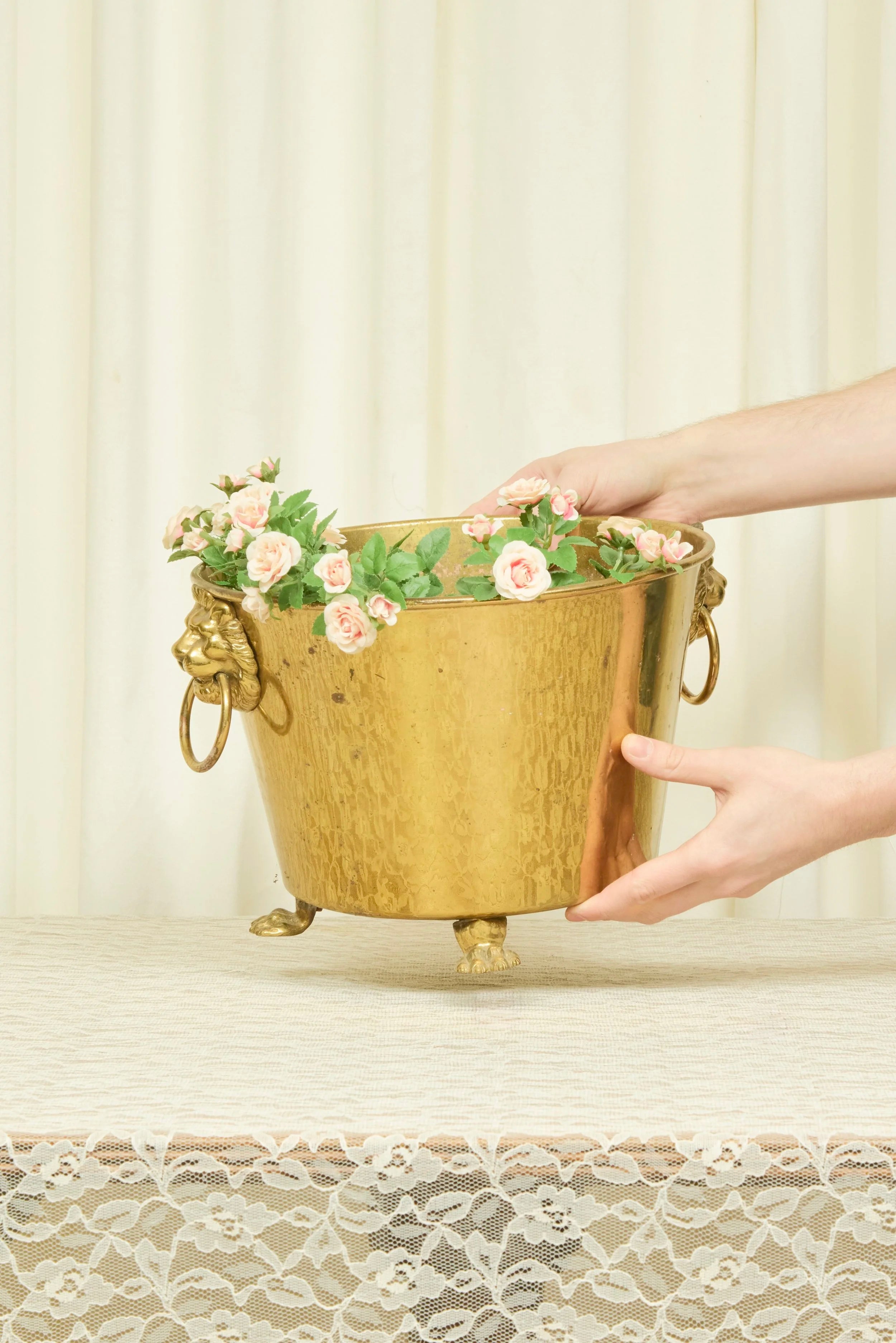 Vintage Brass Lion Head Footed Bucket/Planter