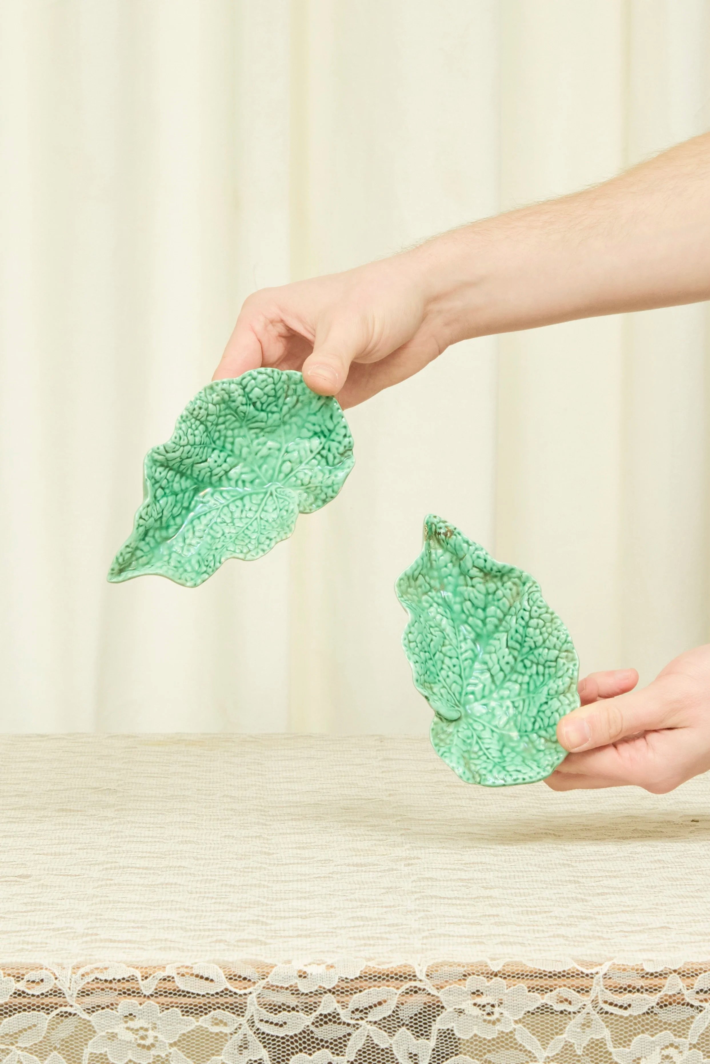 Vintage Majolica Cabbage Leaf Dish Set/2