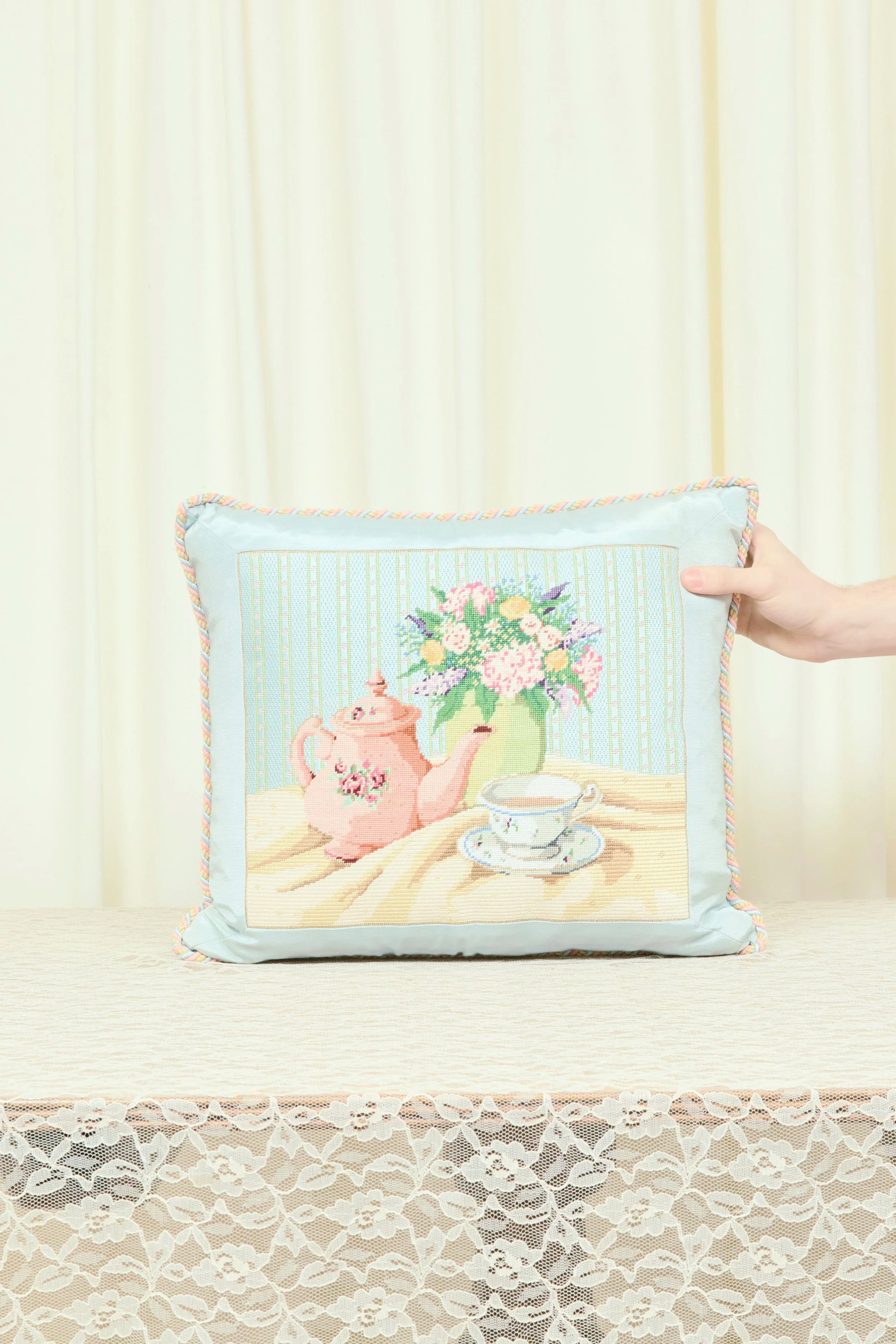 Vintage Tea Scene Needlepoint Pillow