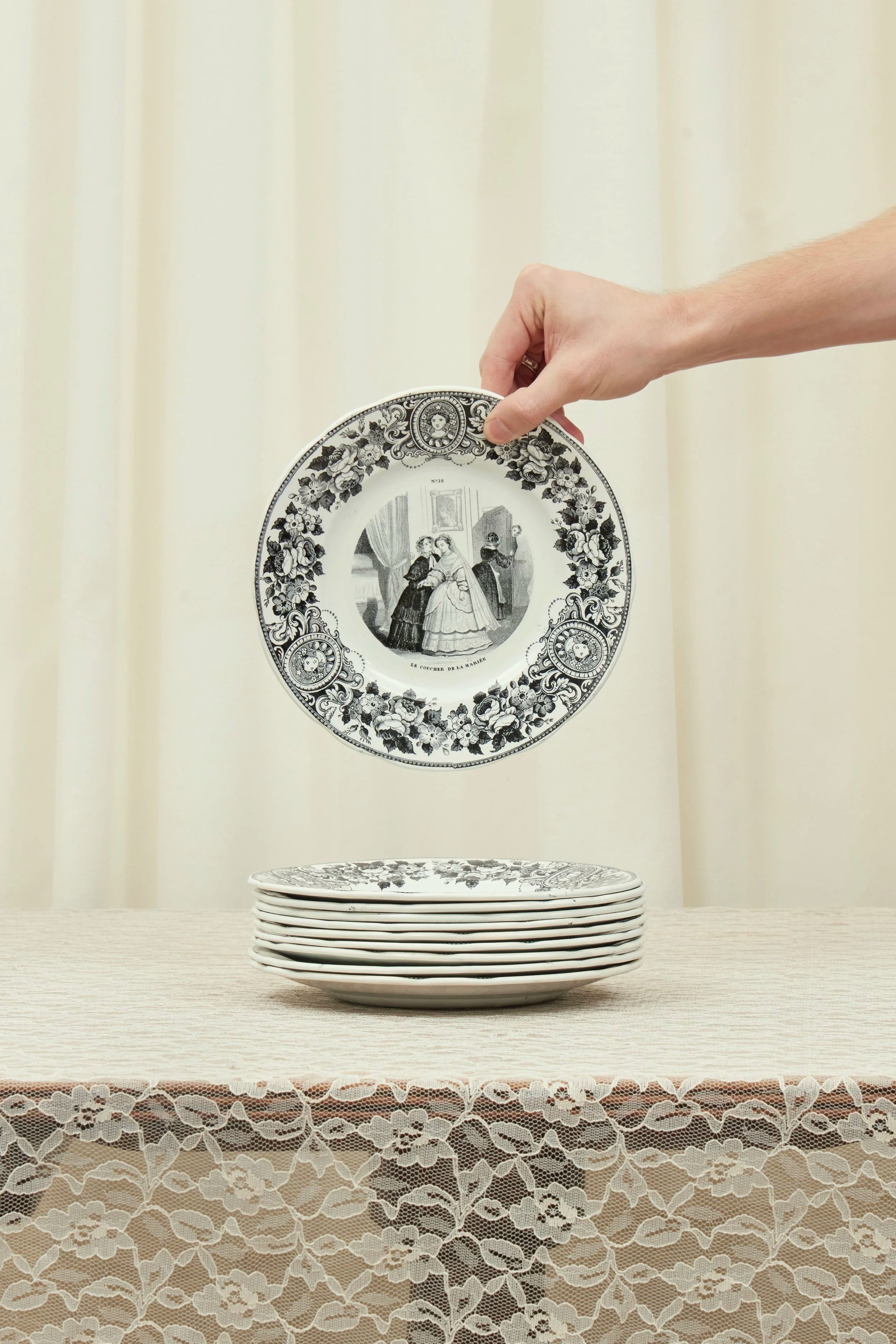 Antique Black Toile French Plate Set of 10