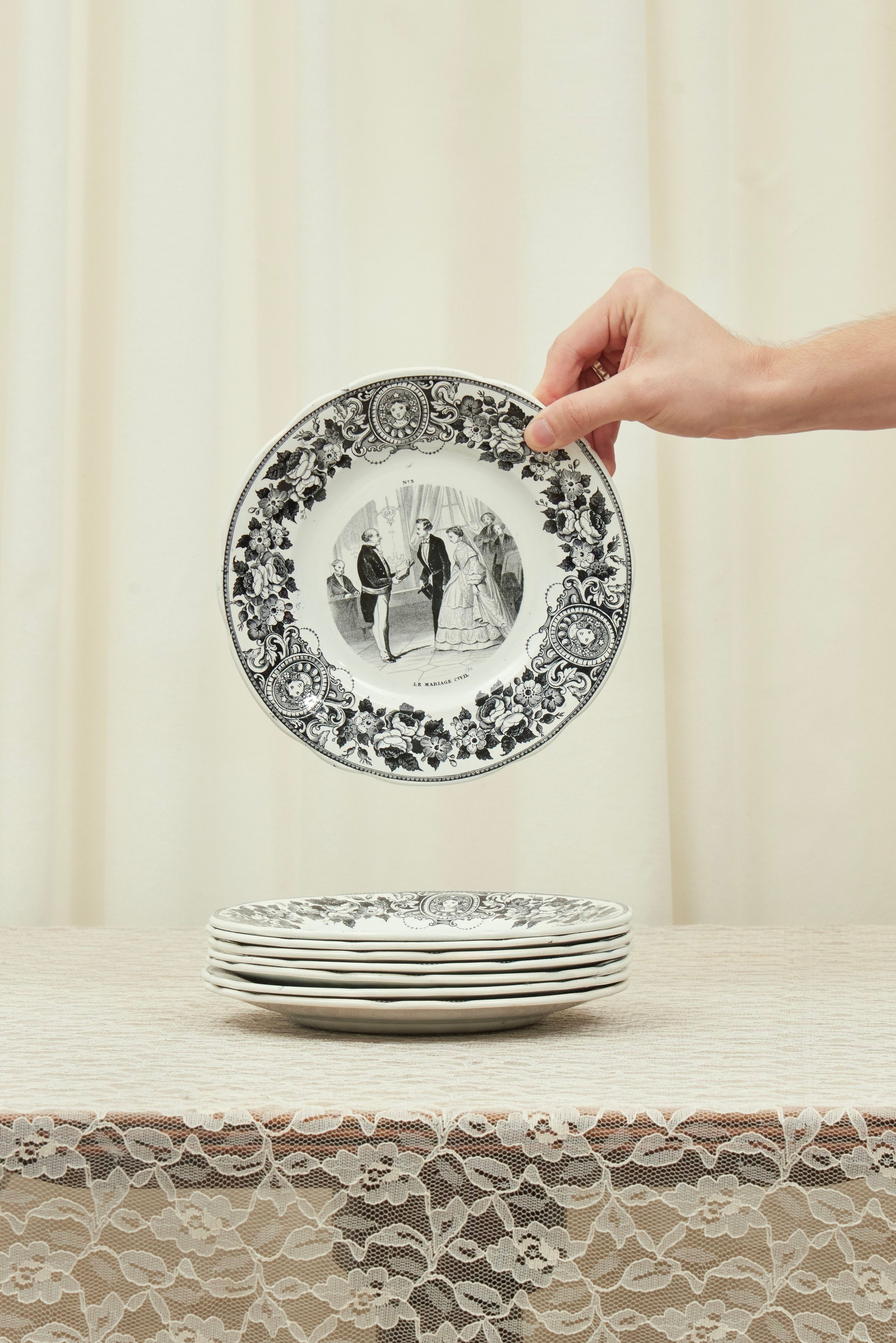 Antique Black Toile French Plate Set of 10