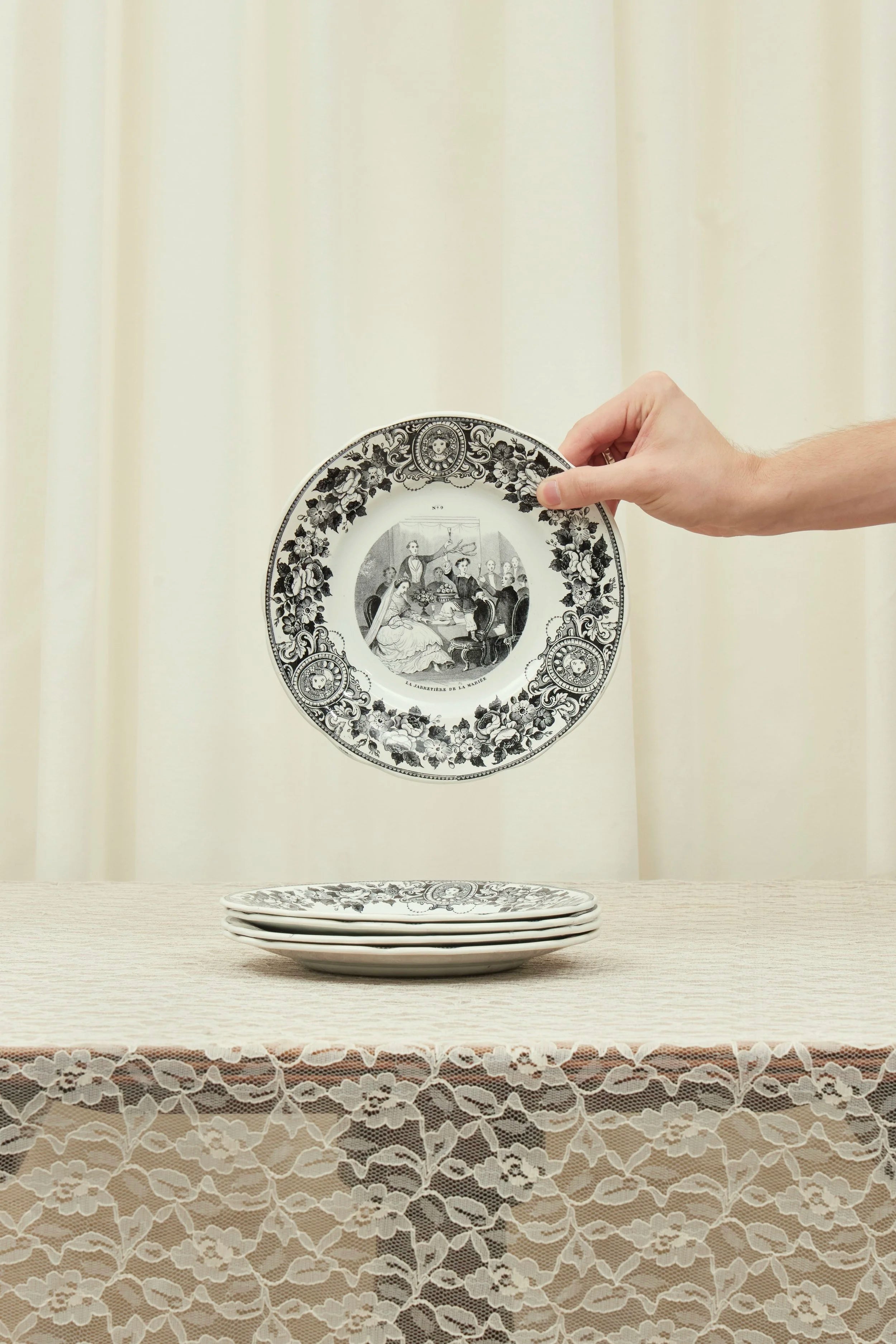 Antique Black Toile French Plate Set of 10