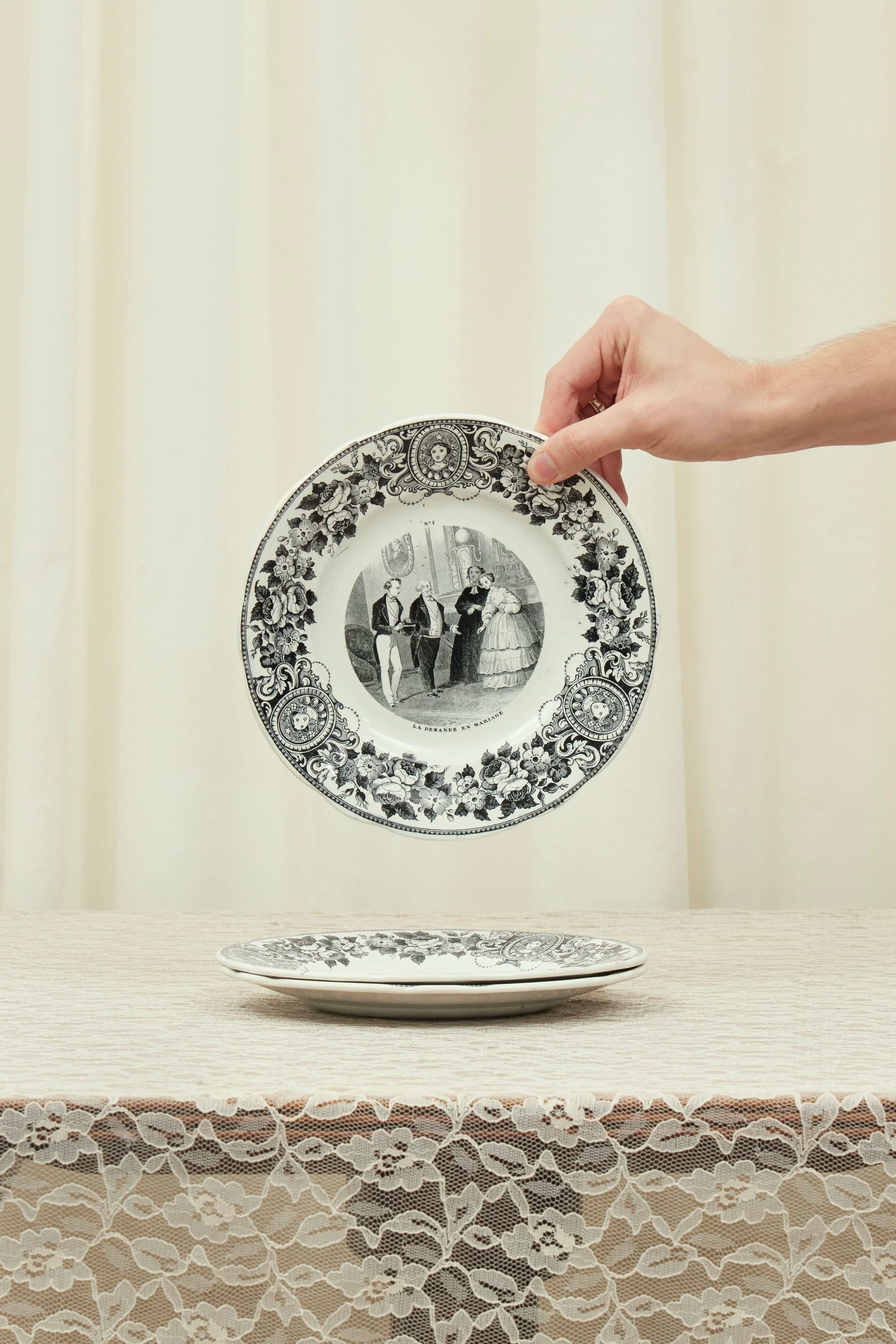Antique Black Toile French Plate Set of 10
