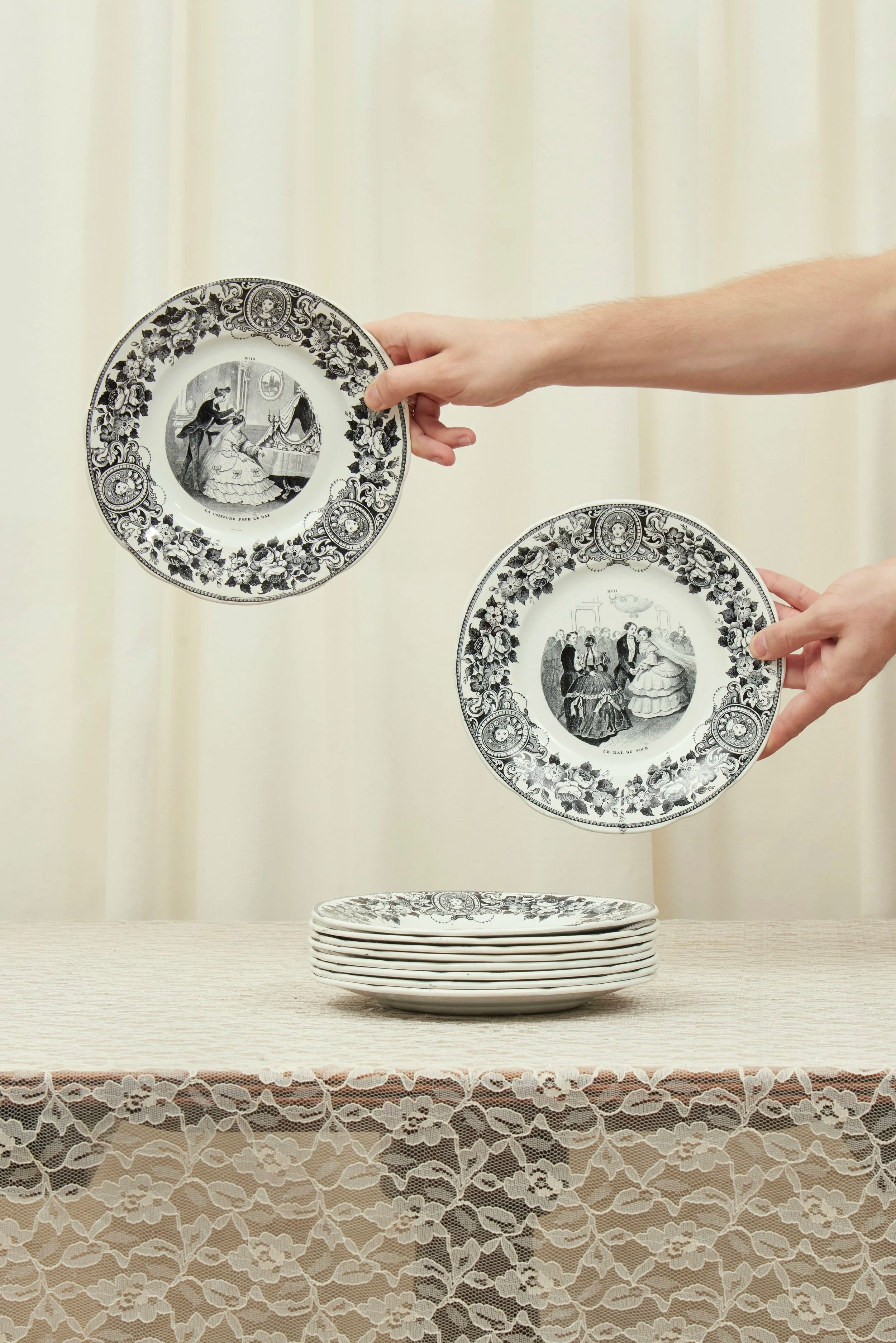 Antique Black Toile French Plate Set of 10