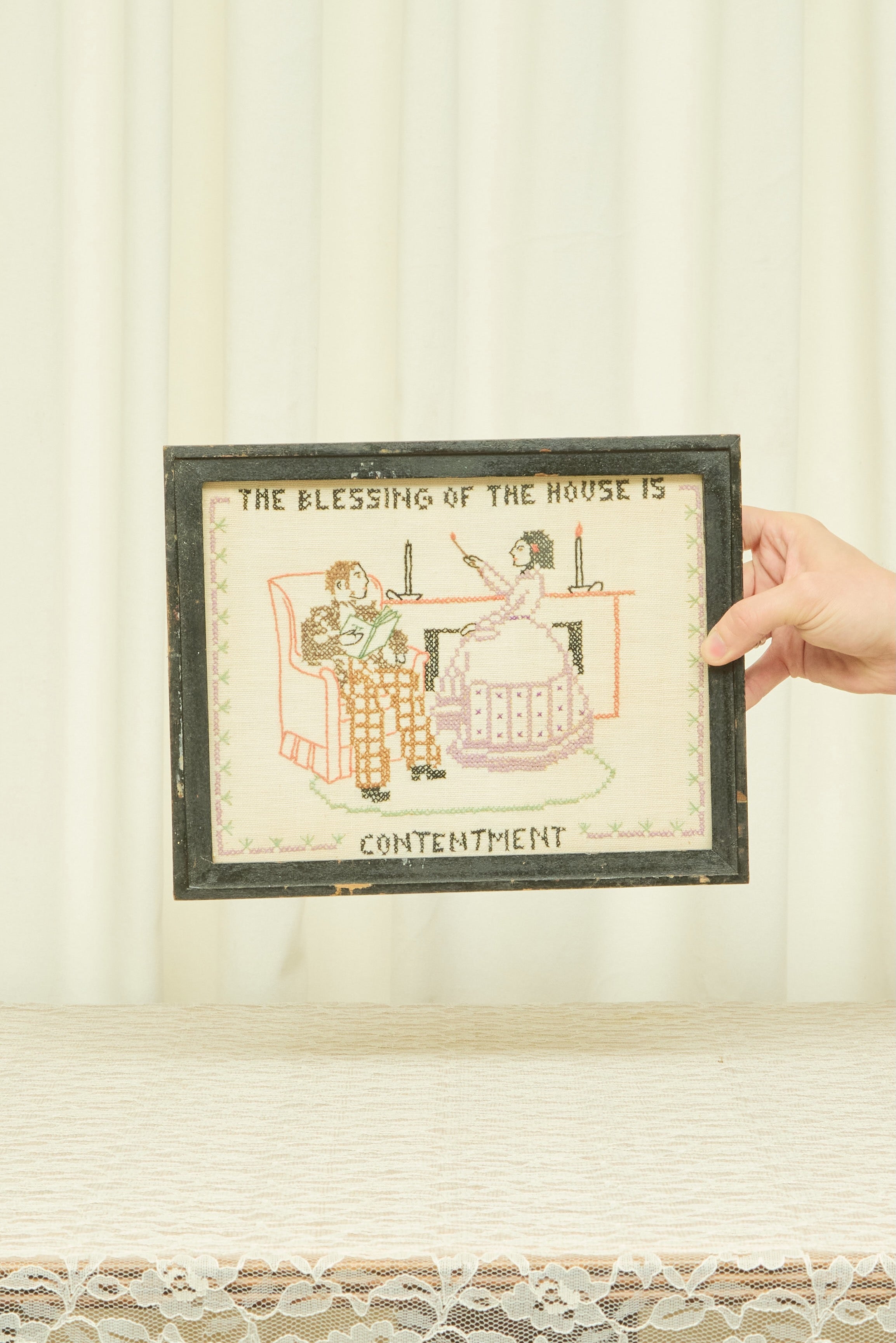 Vintage "Contentment" Framed Cross Stitch