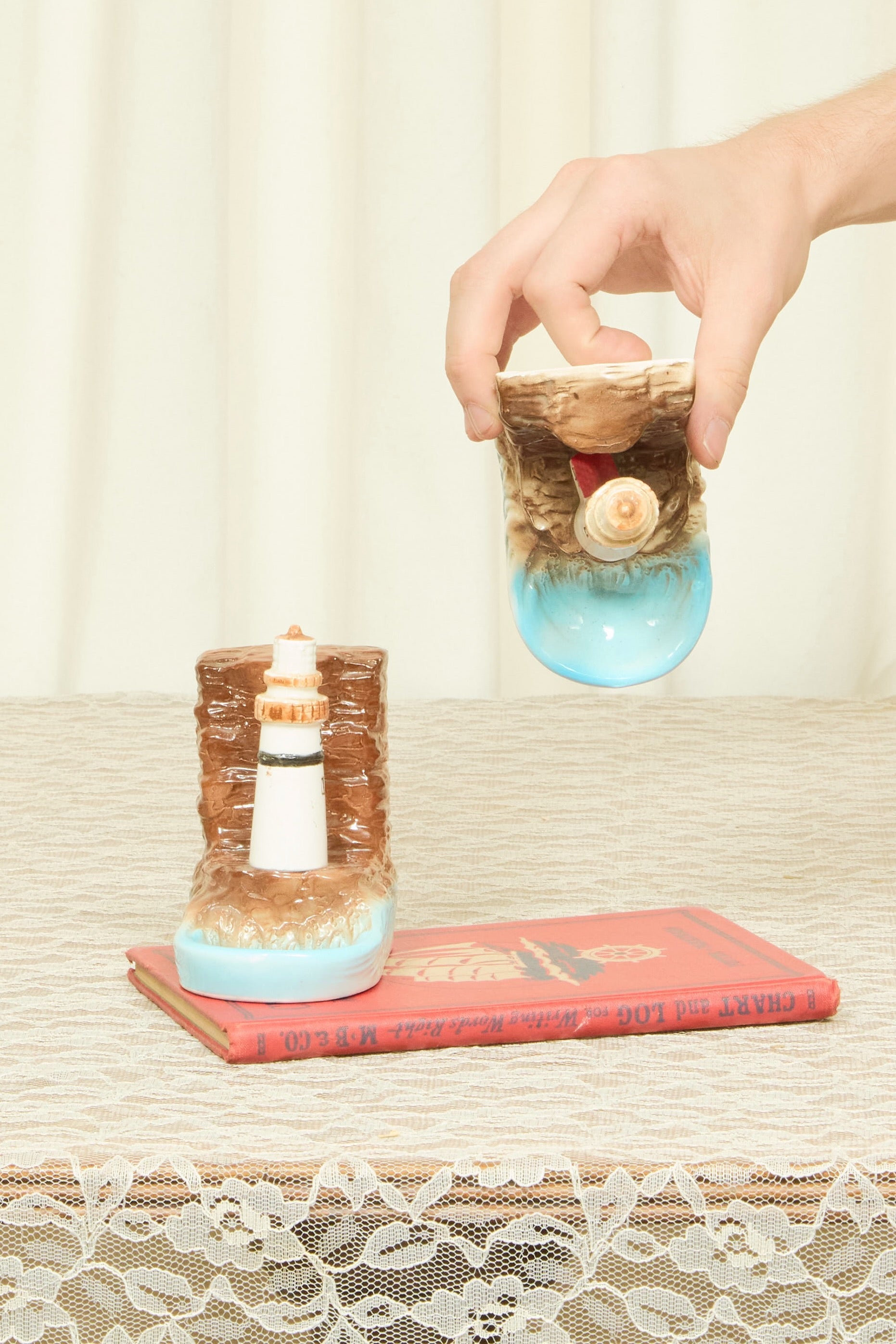Vintage Lighthouse Bookends w/ Trinket Dish Set/2