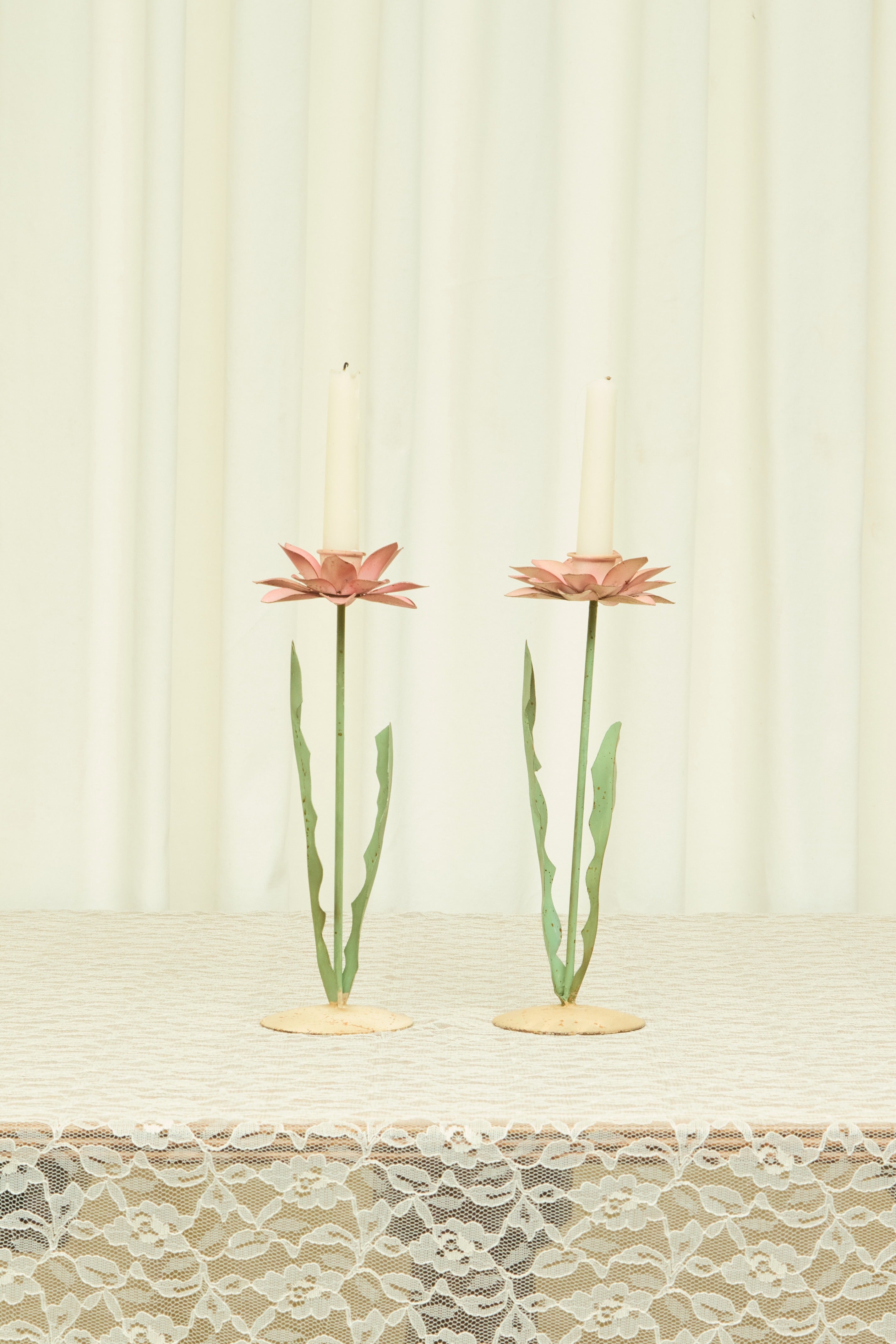 Vintage Metal Flower Candle Holder Set/2