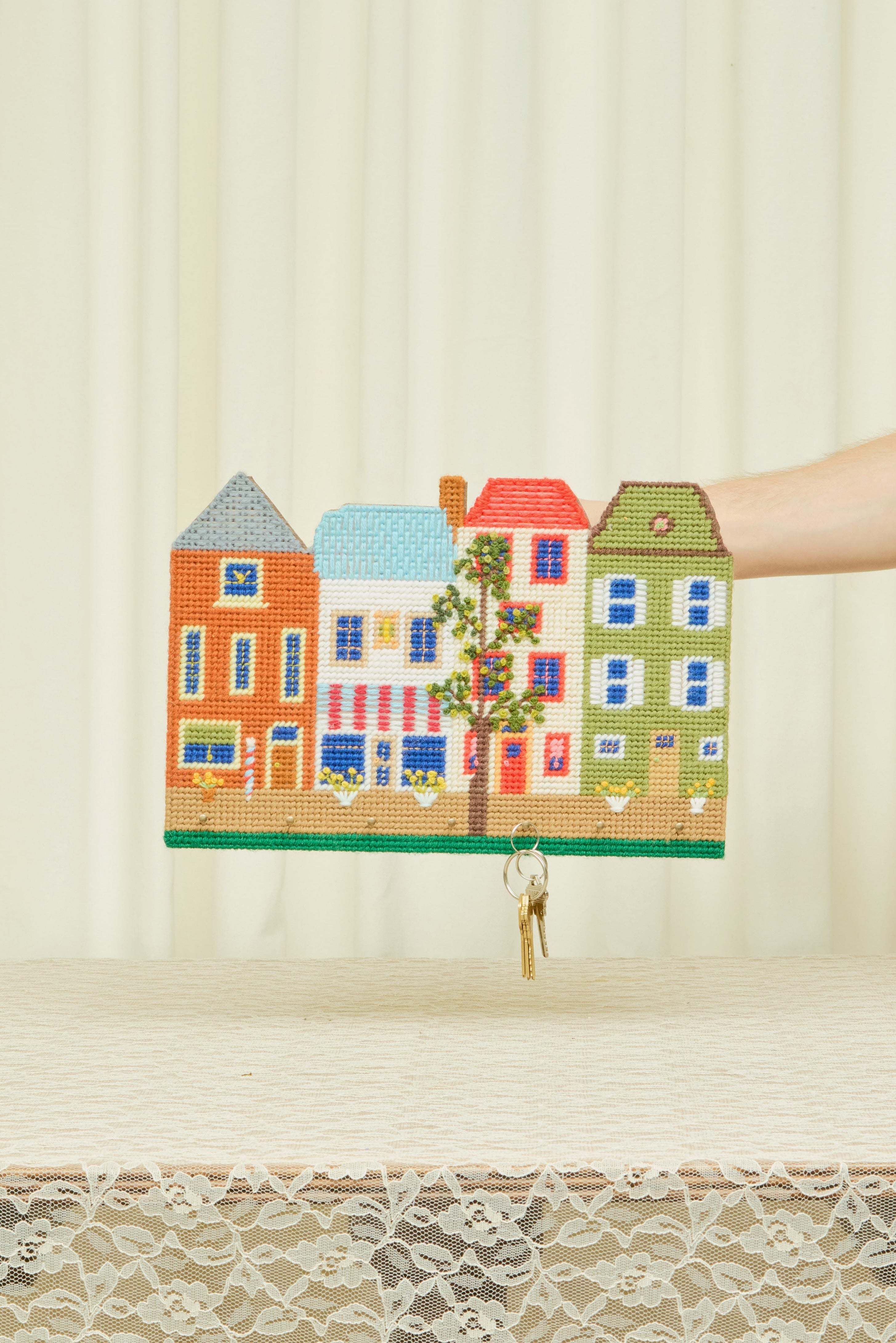 Vintage Needlepoint Townhouse Key Holder