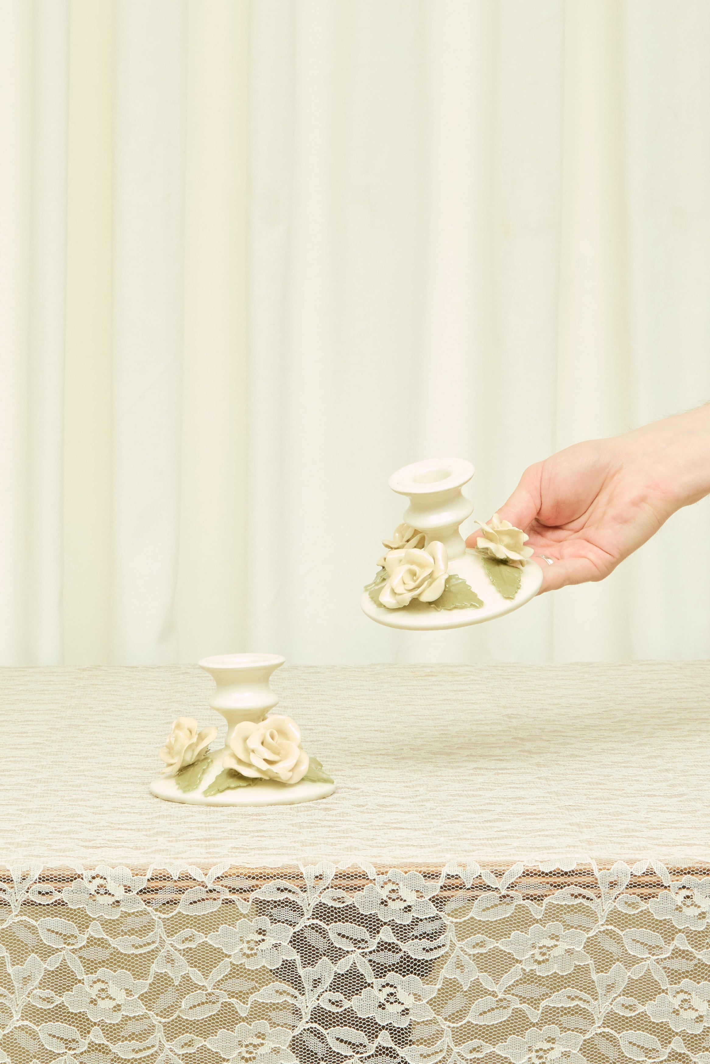 Vintage Porcelain Rose Candle Holder Set/2