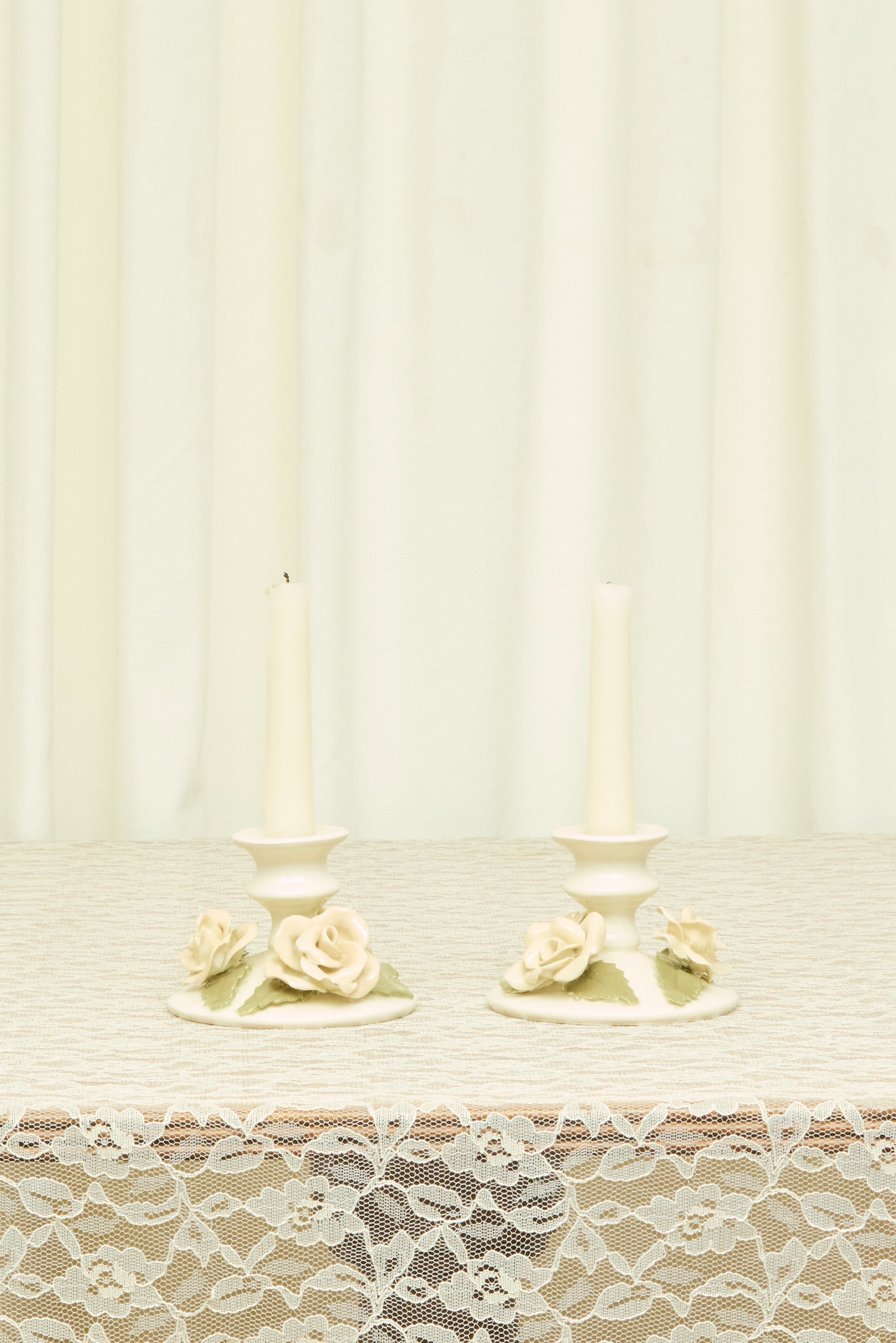 Vintage Porcelain Rose Candle Holder Set/2