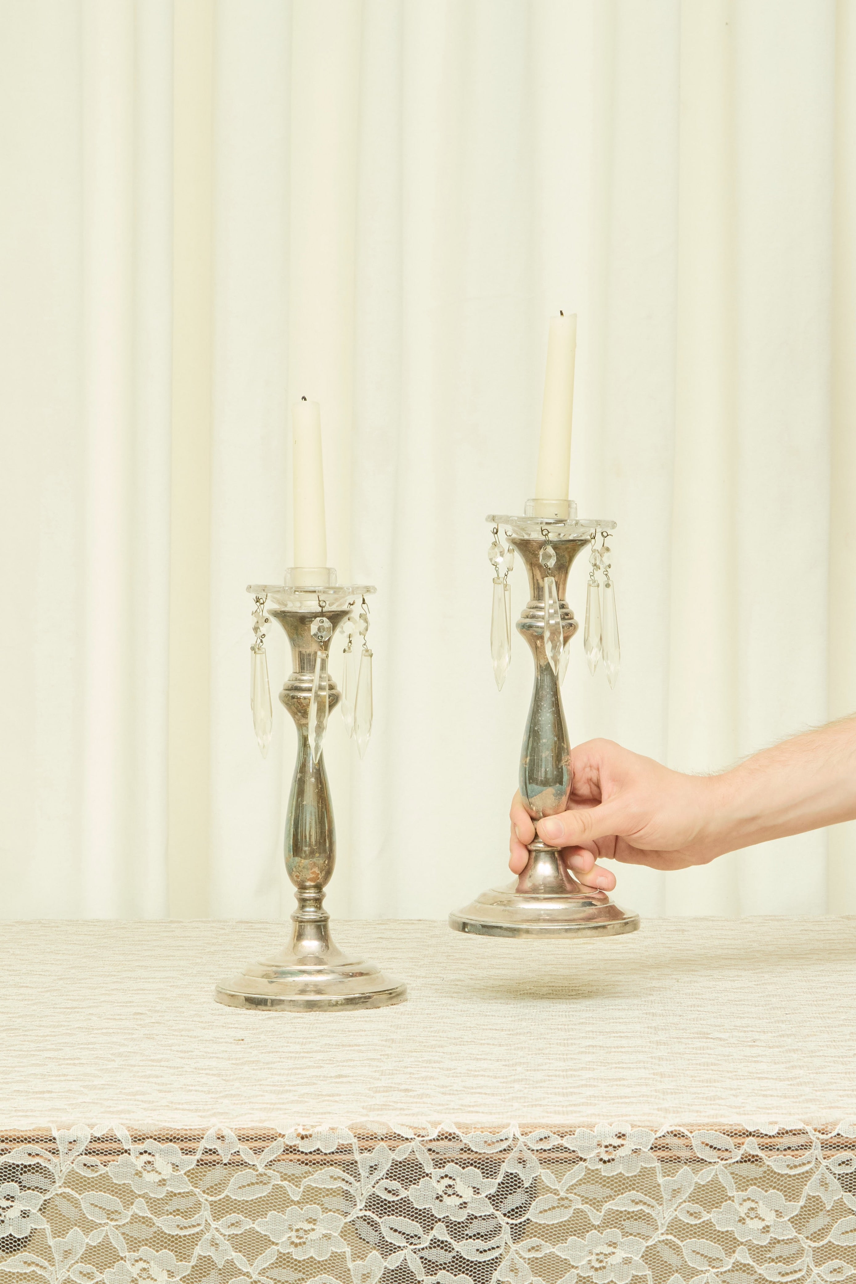 Vintage Silver/Crystal Candle Holders Set/2