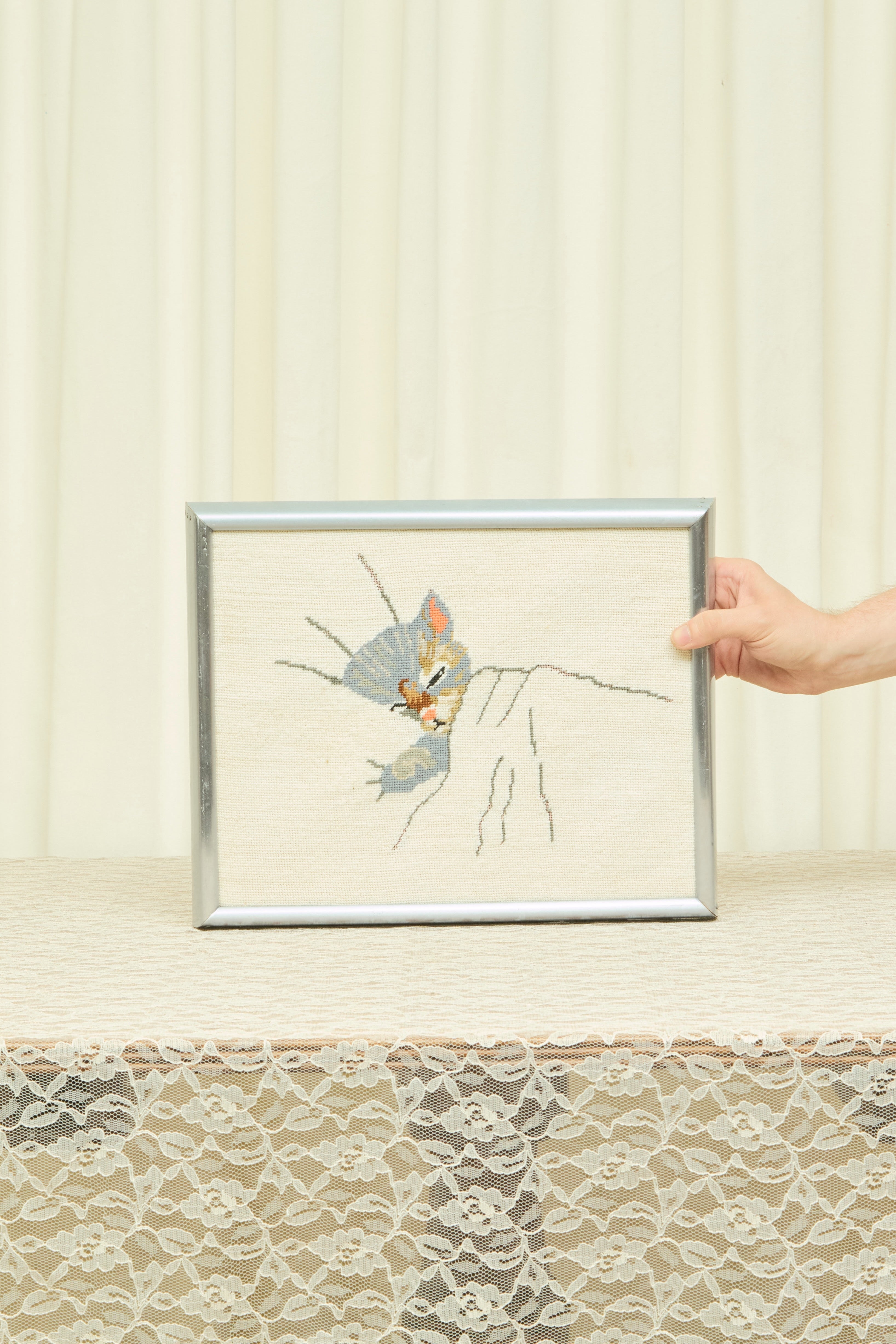 Vintage Sleeping Cat Framed Needlepoint