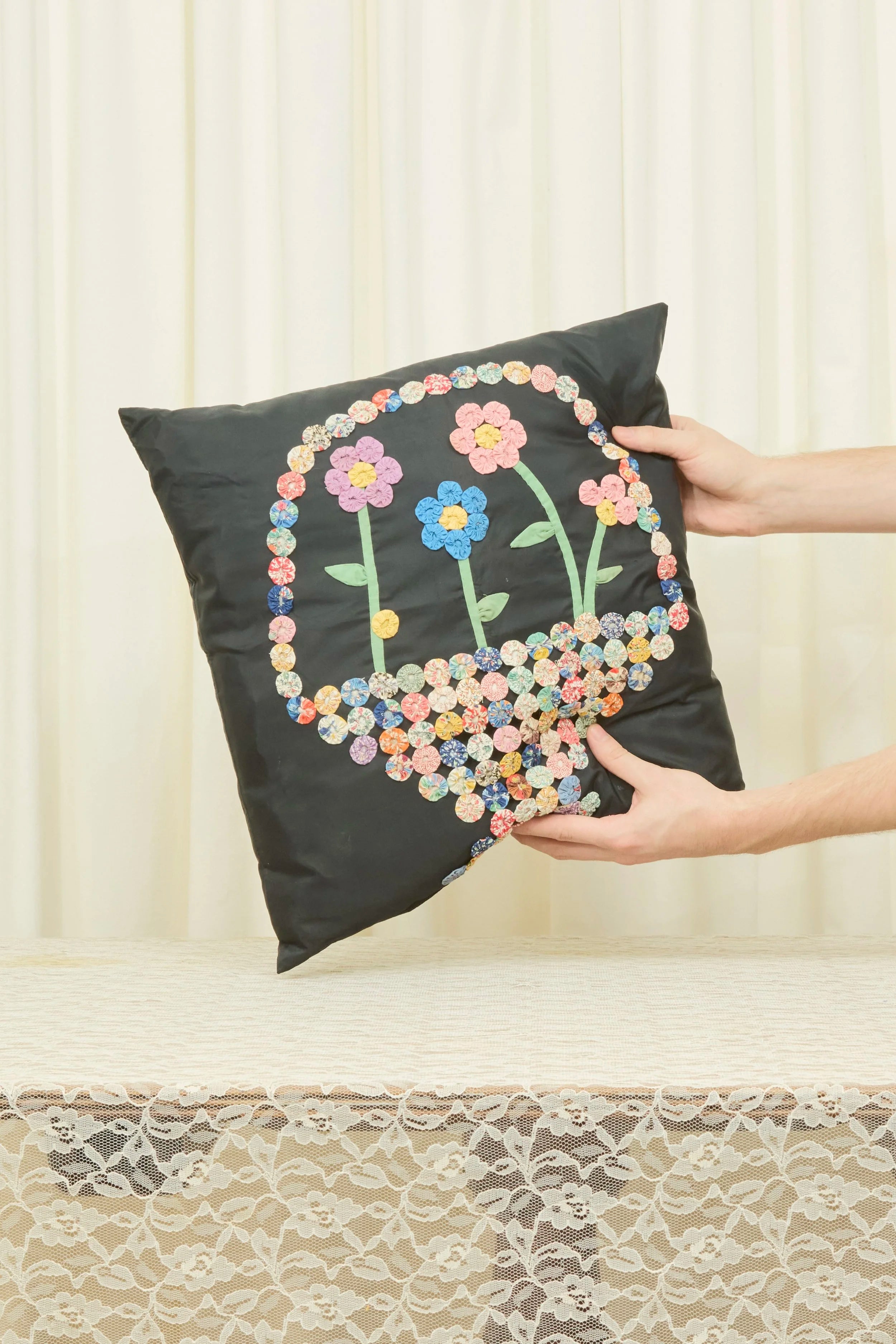 Vintage Flower Embroidered Pillow