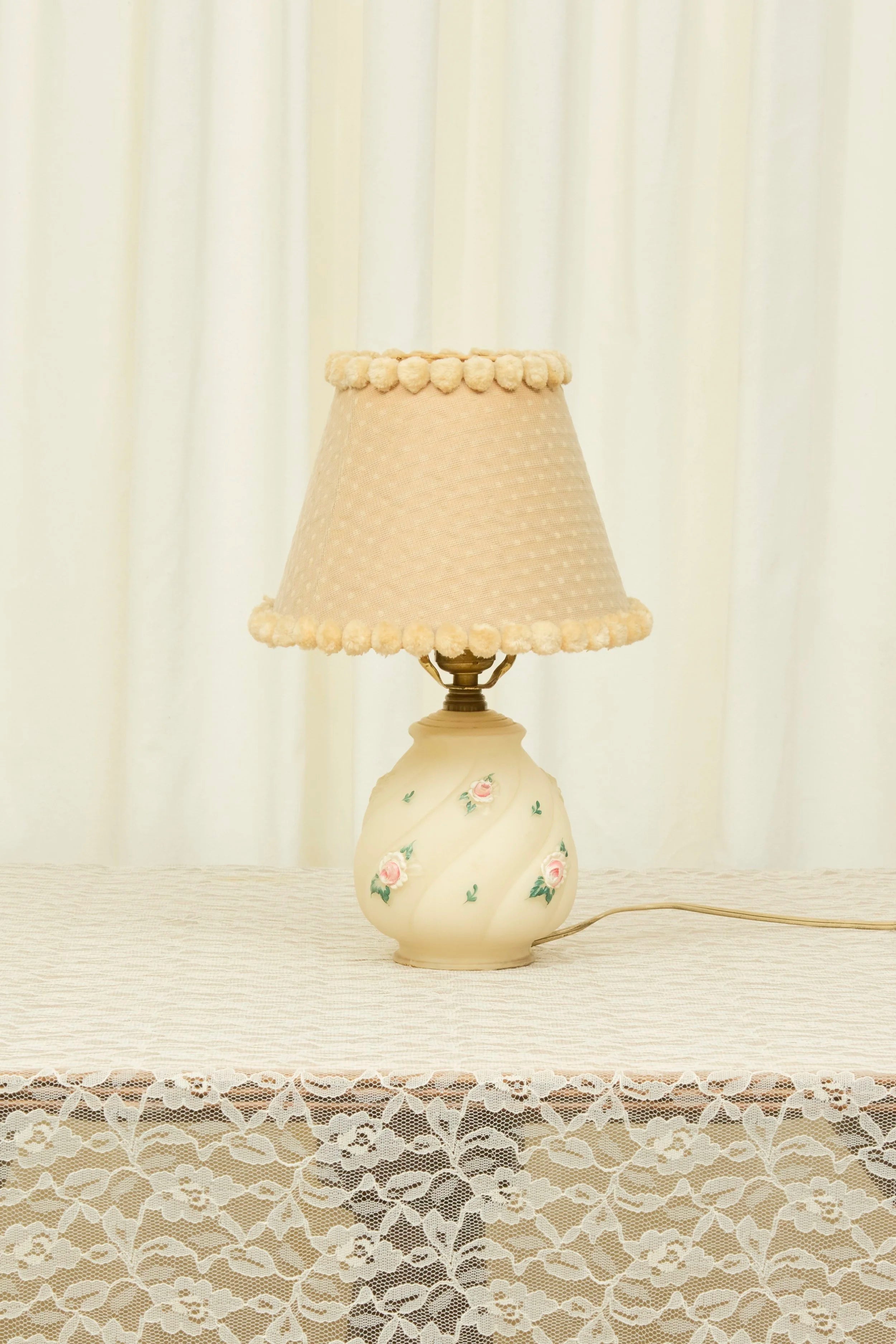 Vintage Floral Lamp with Pom Pom Shade