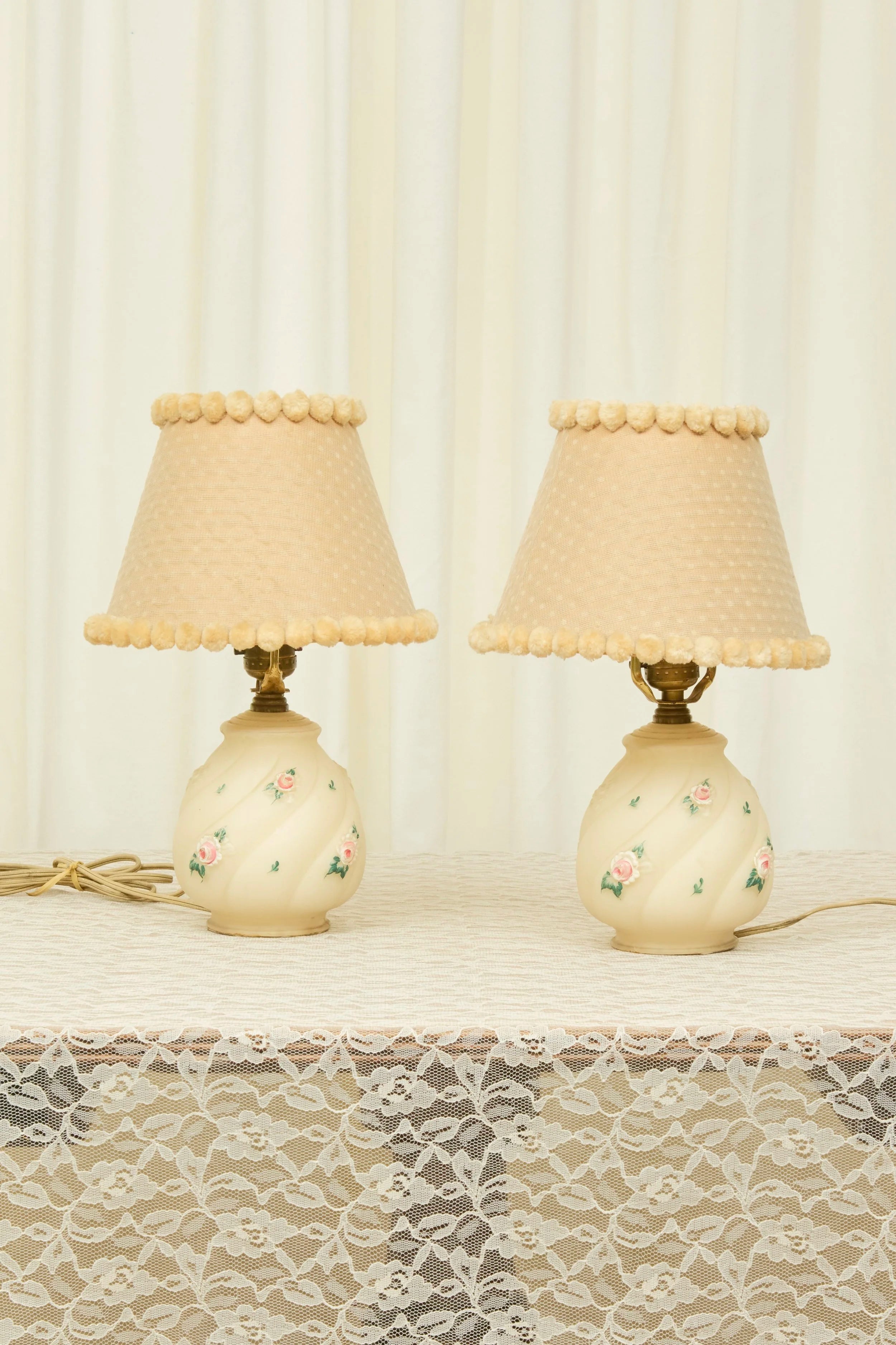 Vintage Floral Lamp with Pom Pom Shade