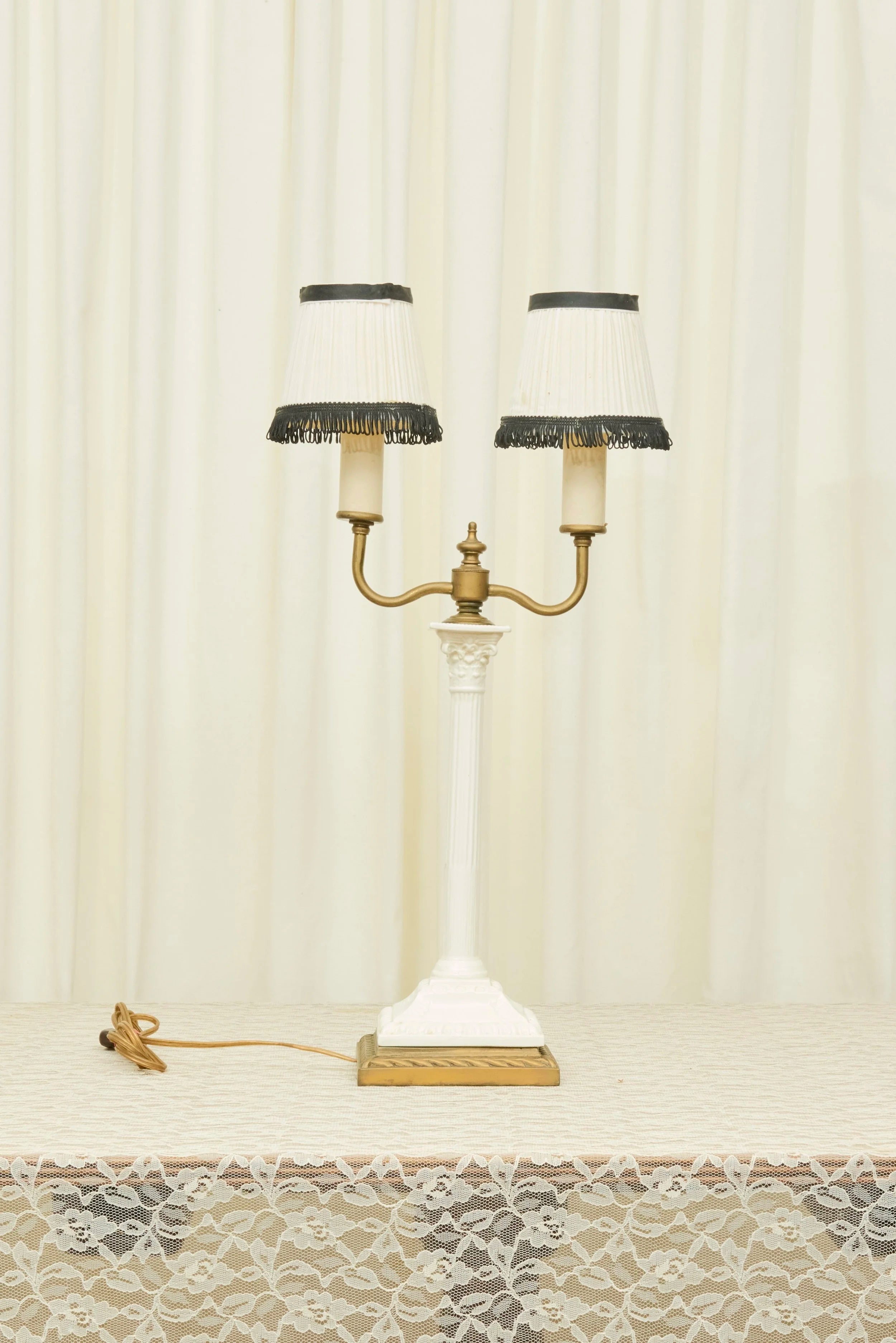Vintage Ceramic Column Lamp with Fringe Shades