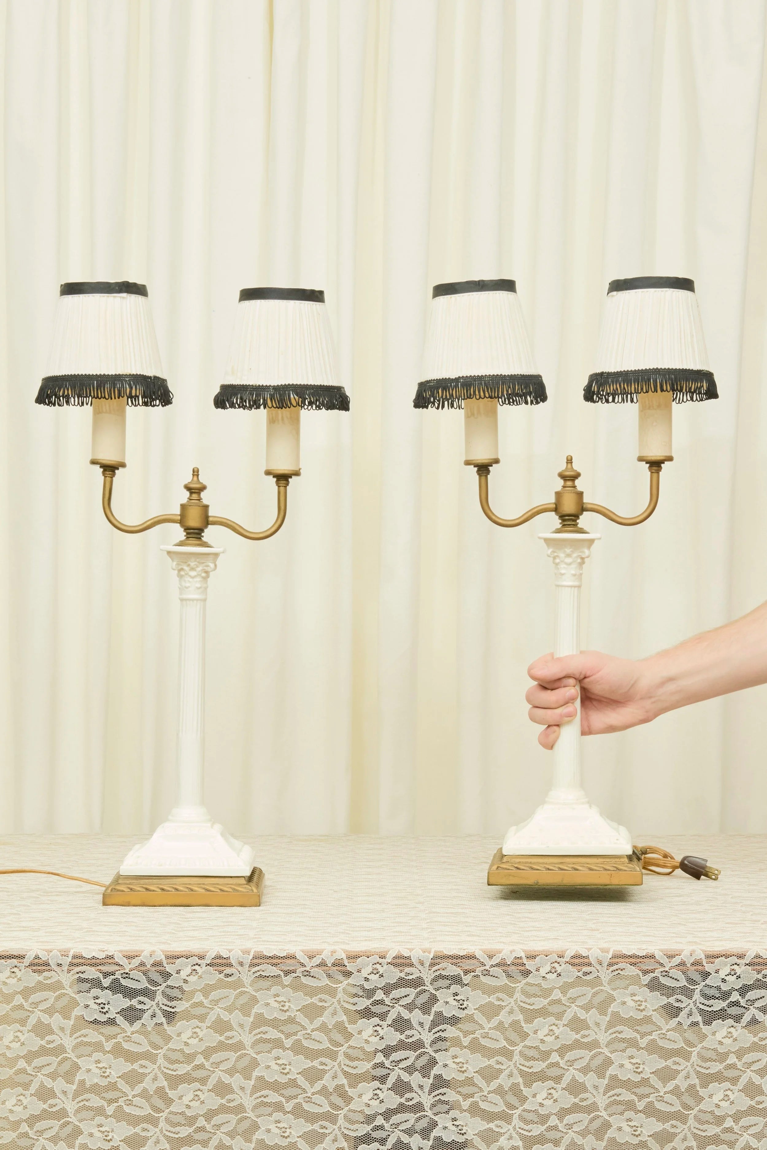 Vintage Ceramic Column Lamp with Fringe Shades