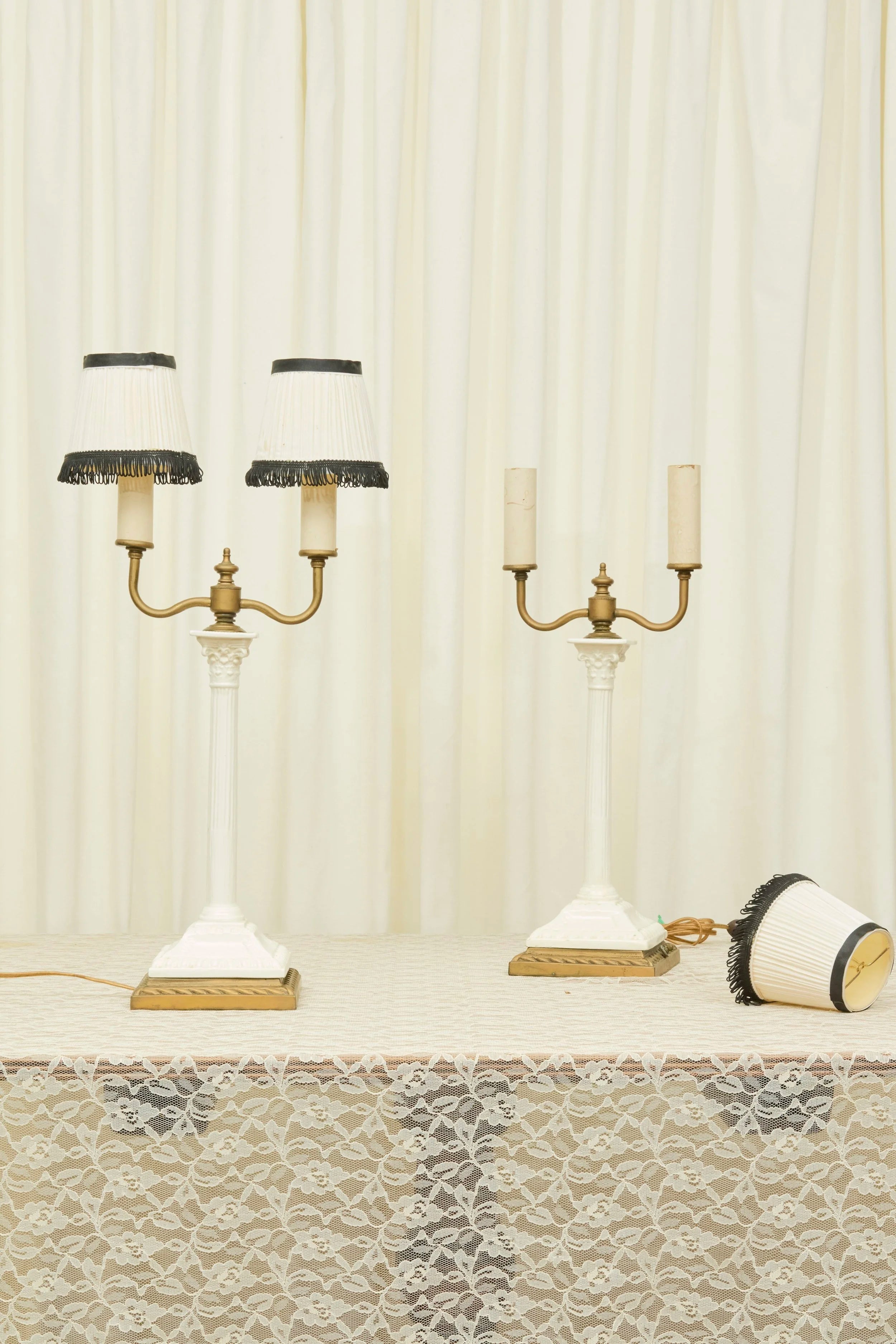Vintage Ceramic Column Lamp with Fringe Shades