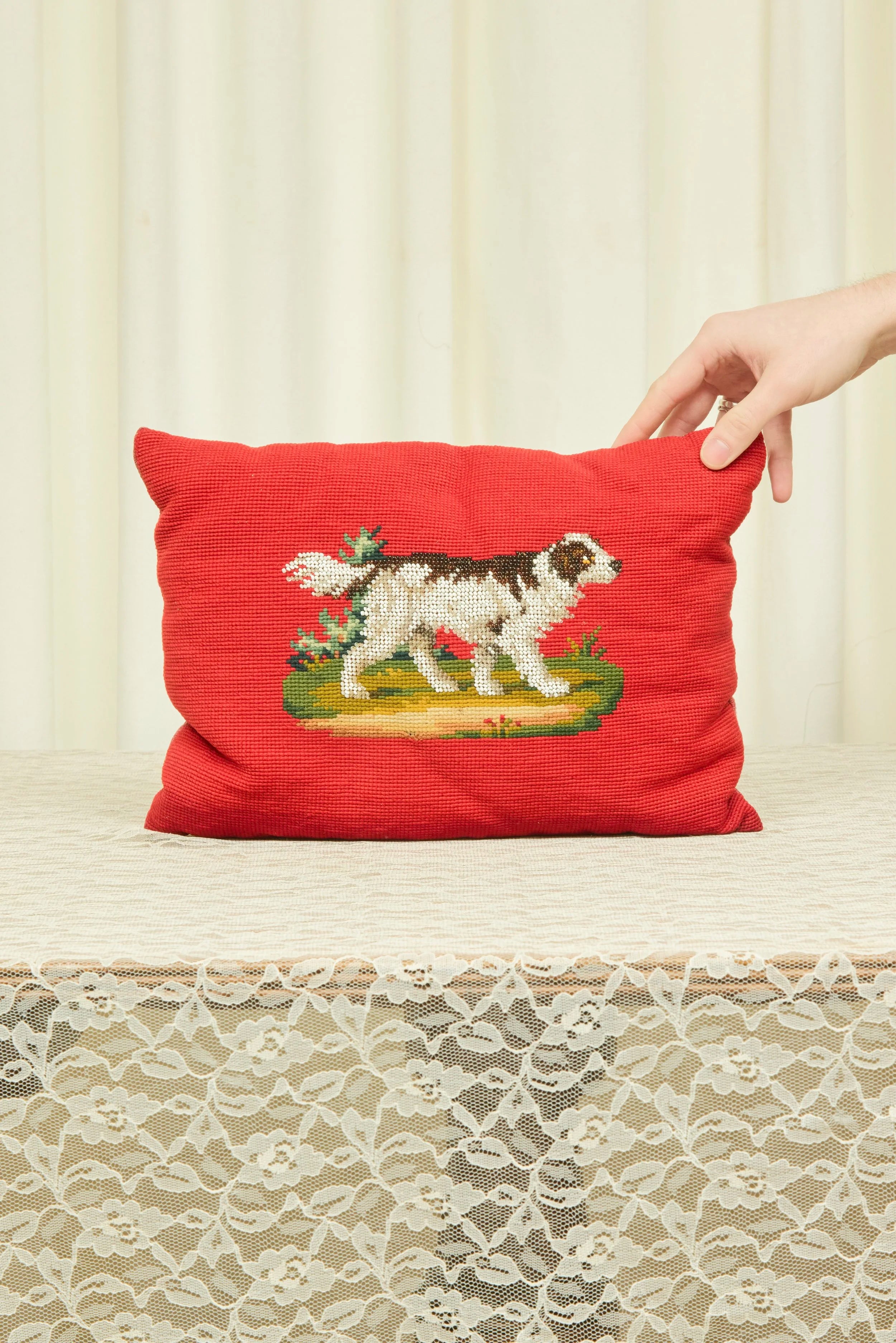 Antique Beaded and Needlepointed Dog Pillow