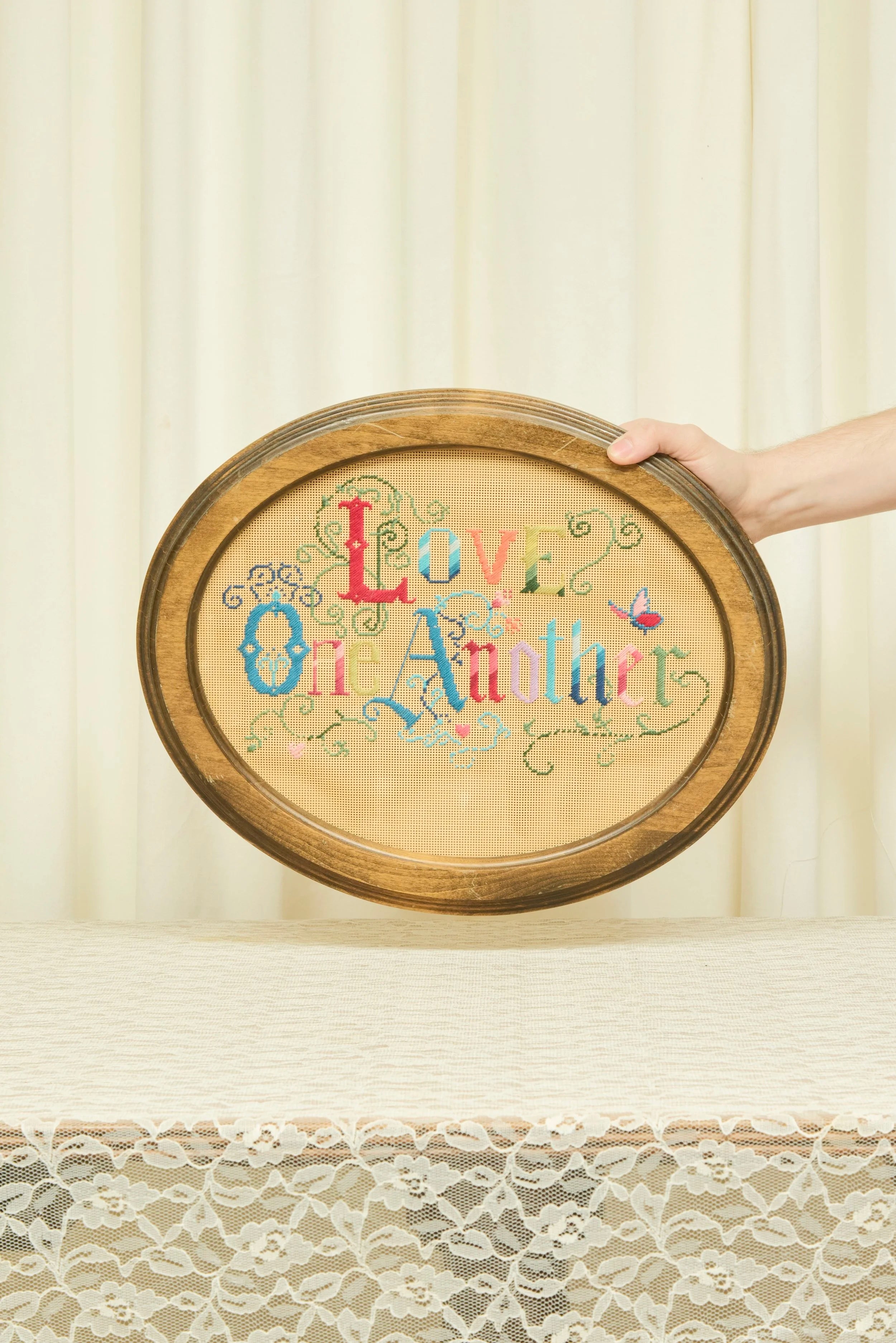Antique "Love One Another" Embroidered Frame
