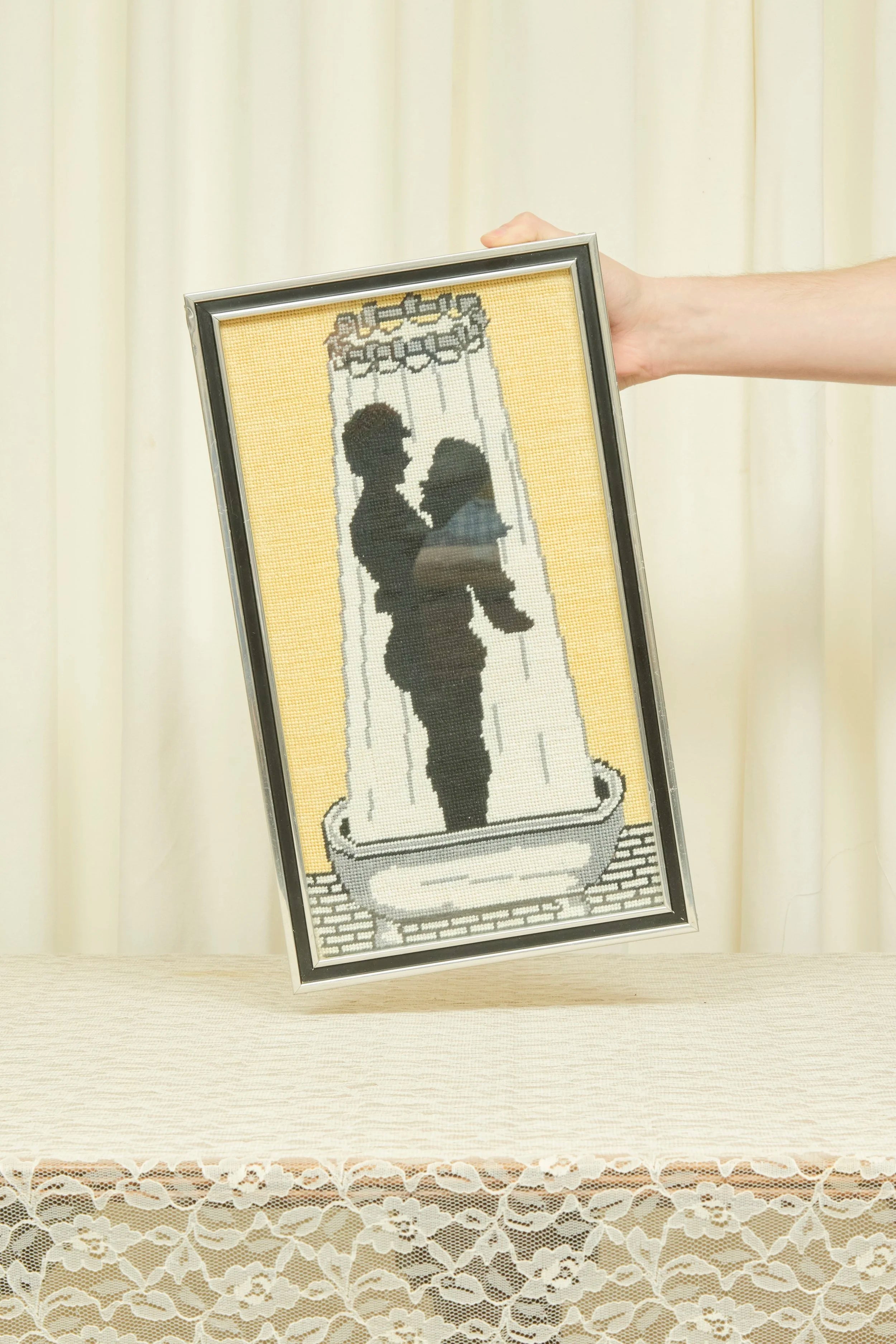 Vintage Showering Couple Framed Needlepoint