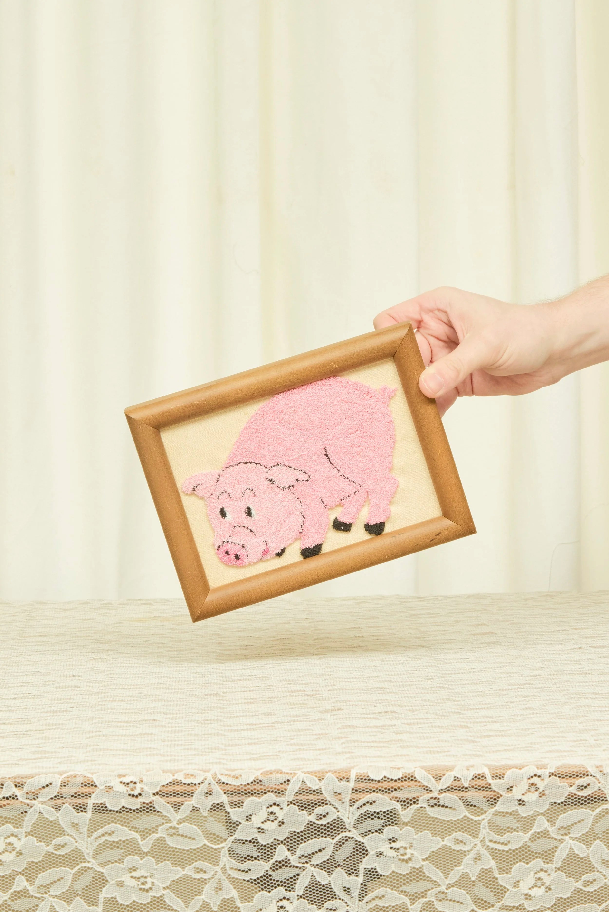 Vintage Framed Pig Needlepoint