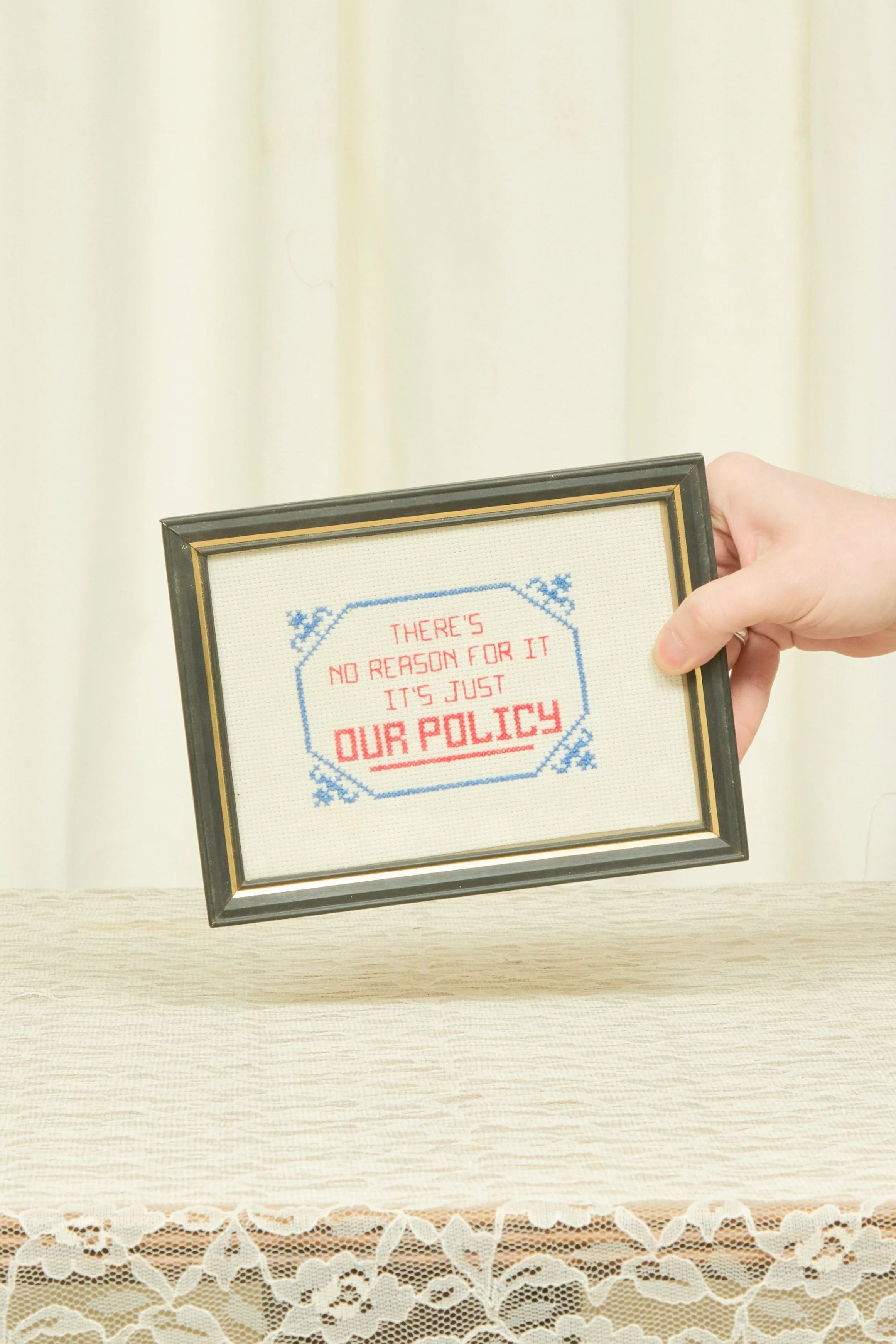 Vintage Rare "Our Policy" Sassy Framed Cross Stitch