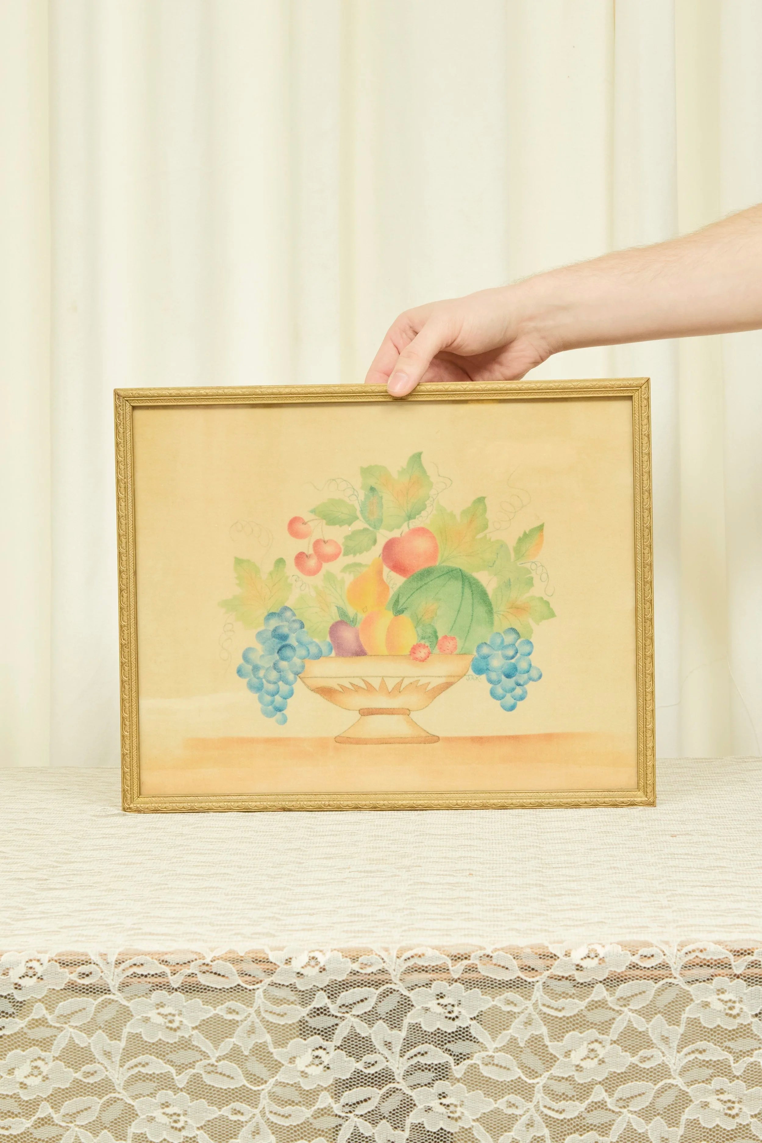 Vintage Framed Painted Velvet Fruit Scene (1968)
