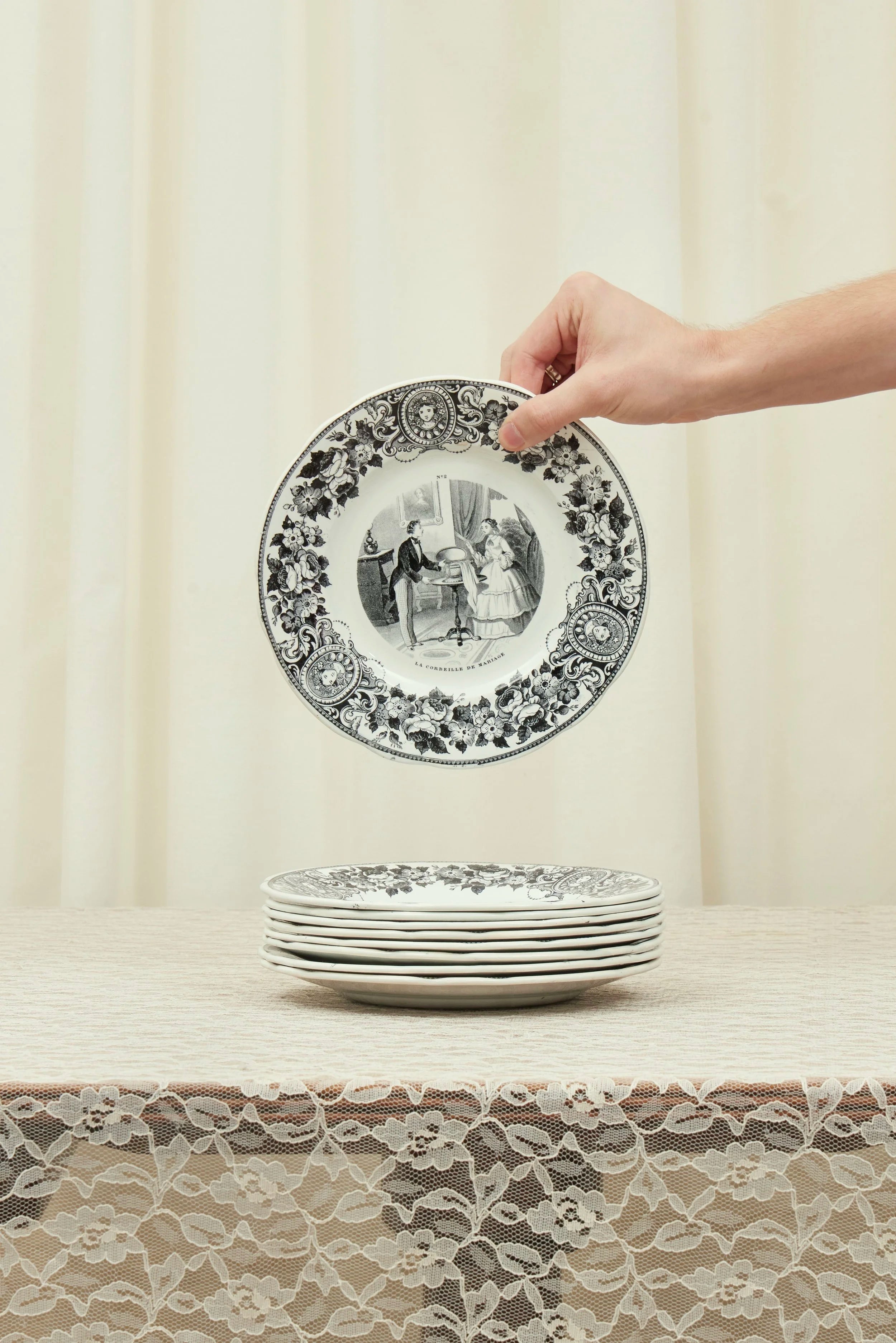 Antique Black Toile French Plate Set of 10