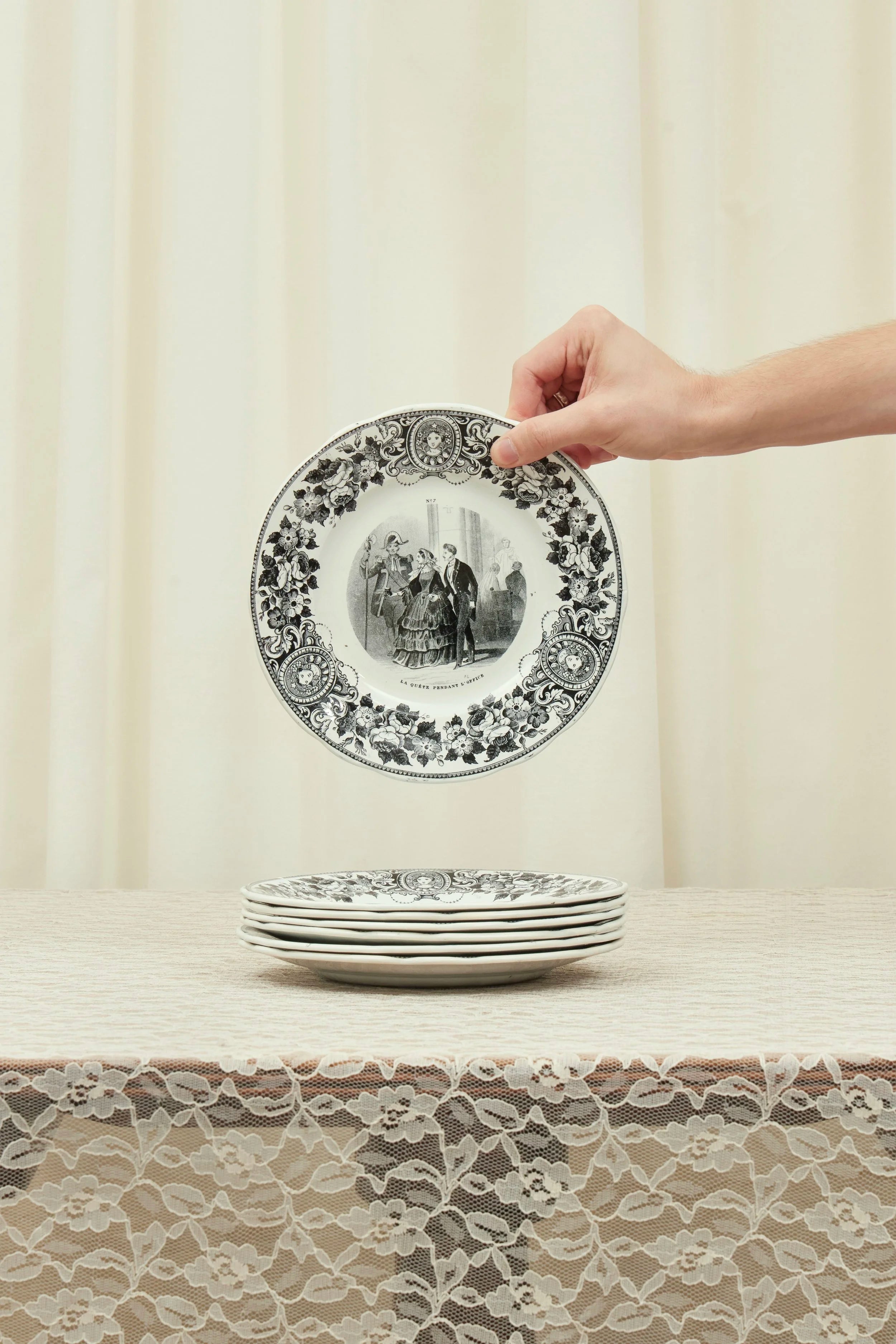 Antique Black Toile French Plate Set of 10