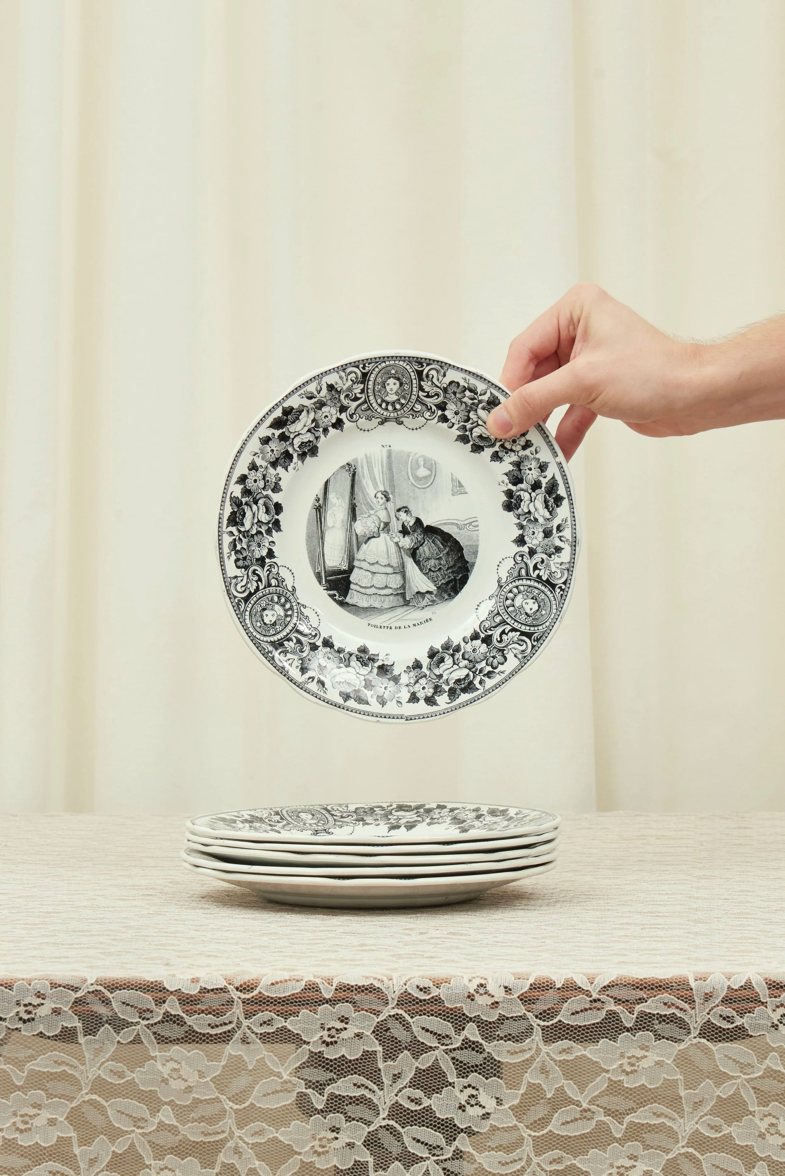 Antique Black Toile French Plate Set of 10