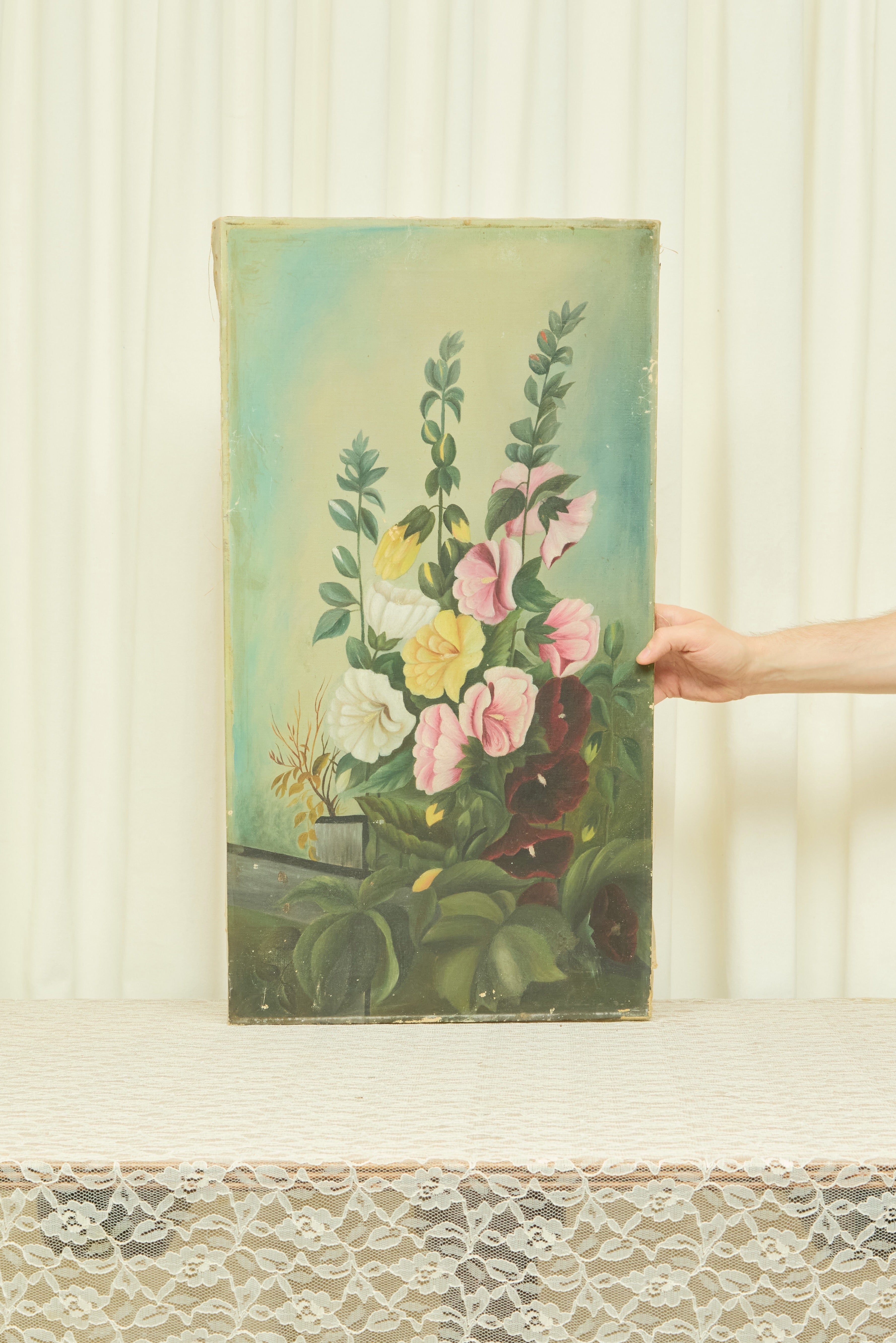 Antique Hollyhock Oil Painting