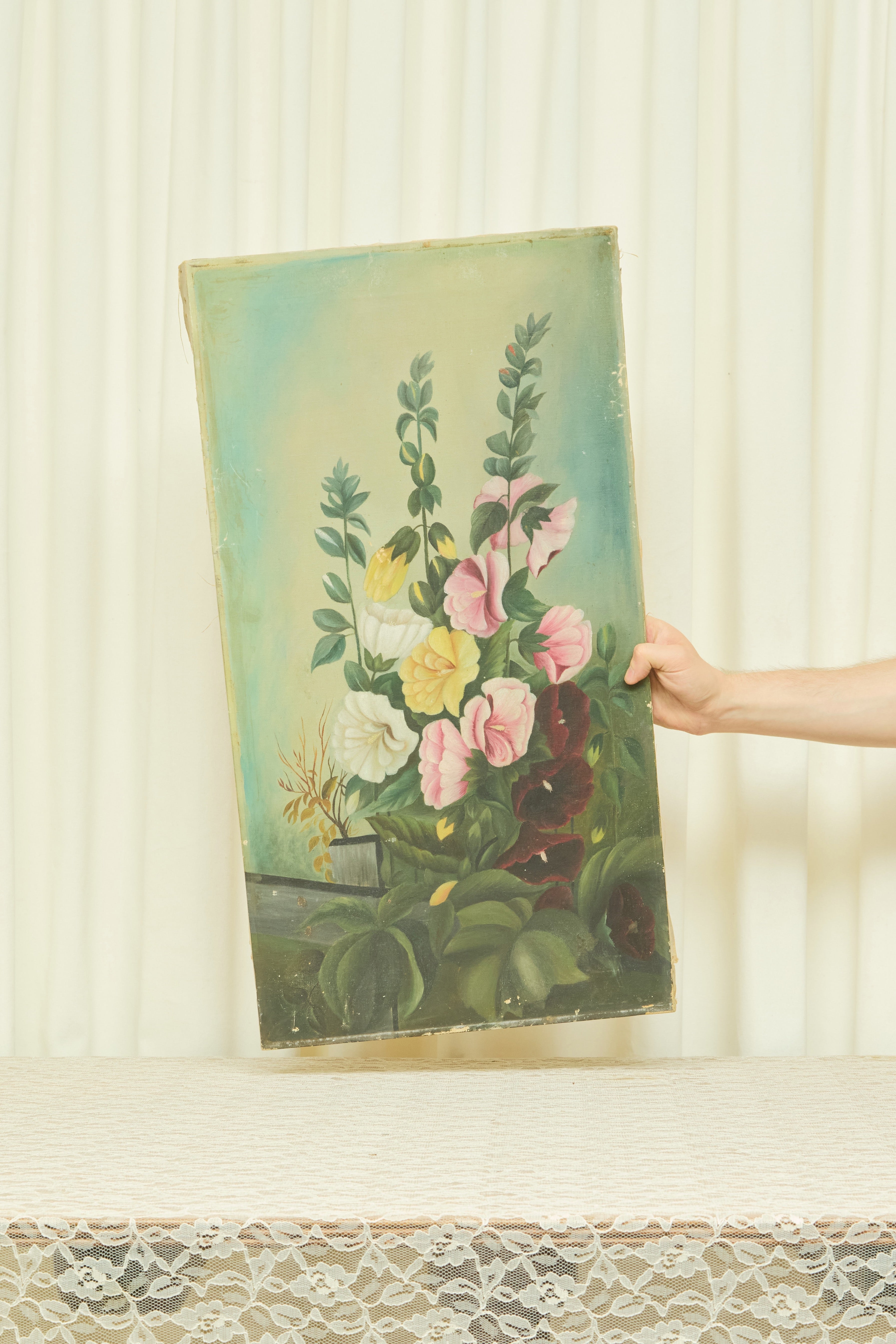 Antique Hollyhock Oil Painting
