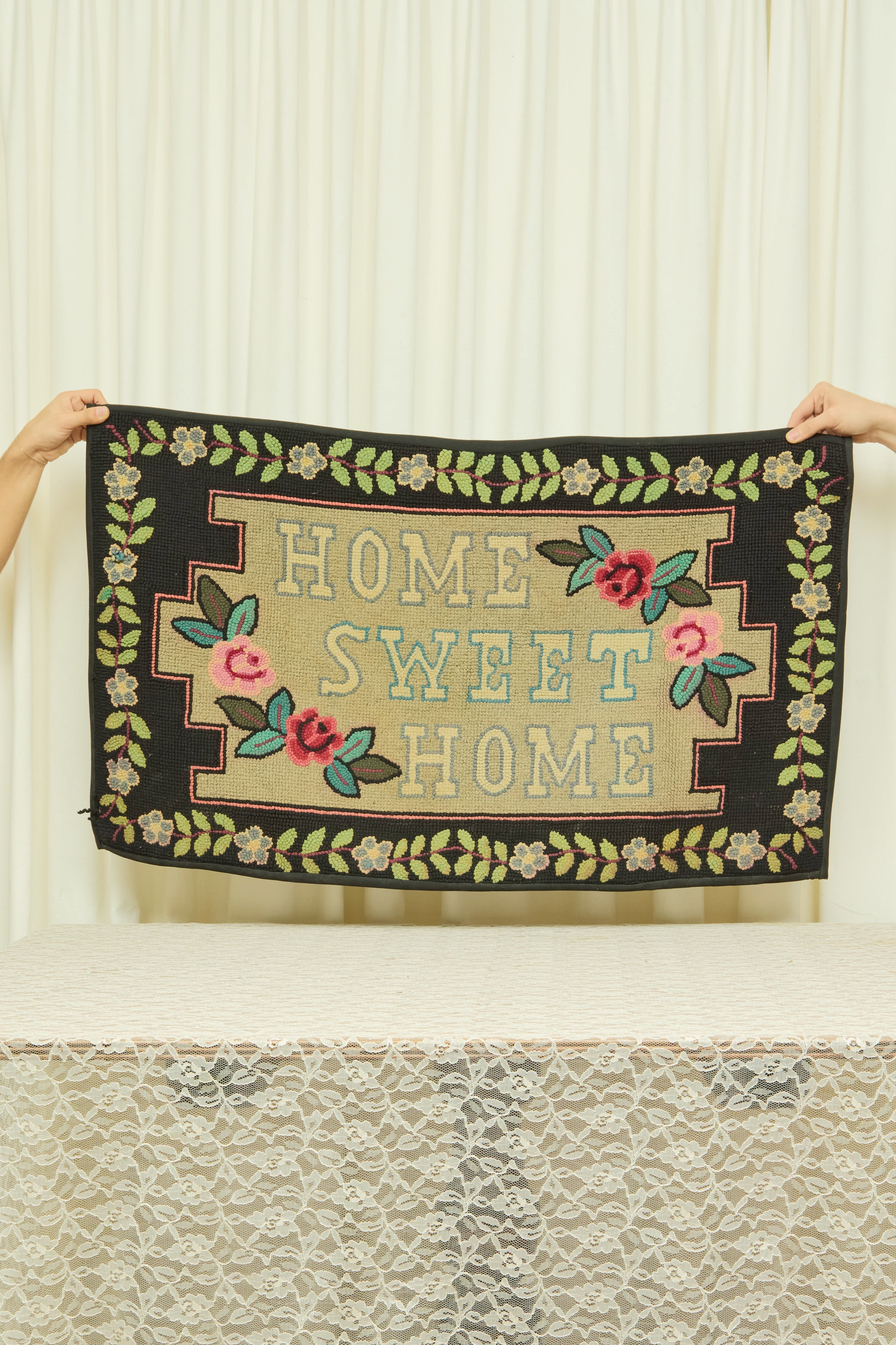 Antique "Home Sweet Home" Handmade Rug