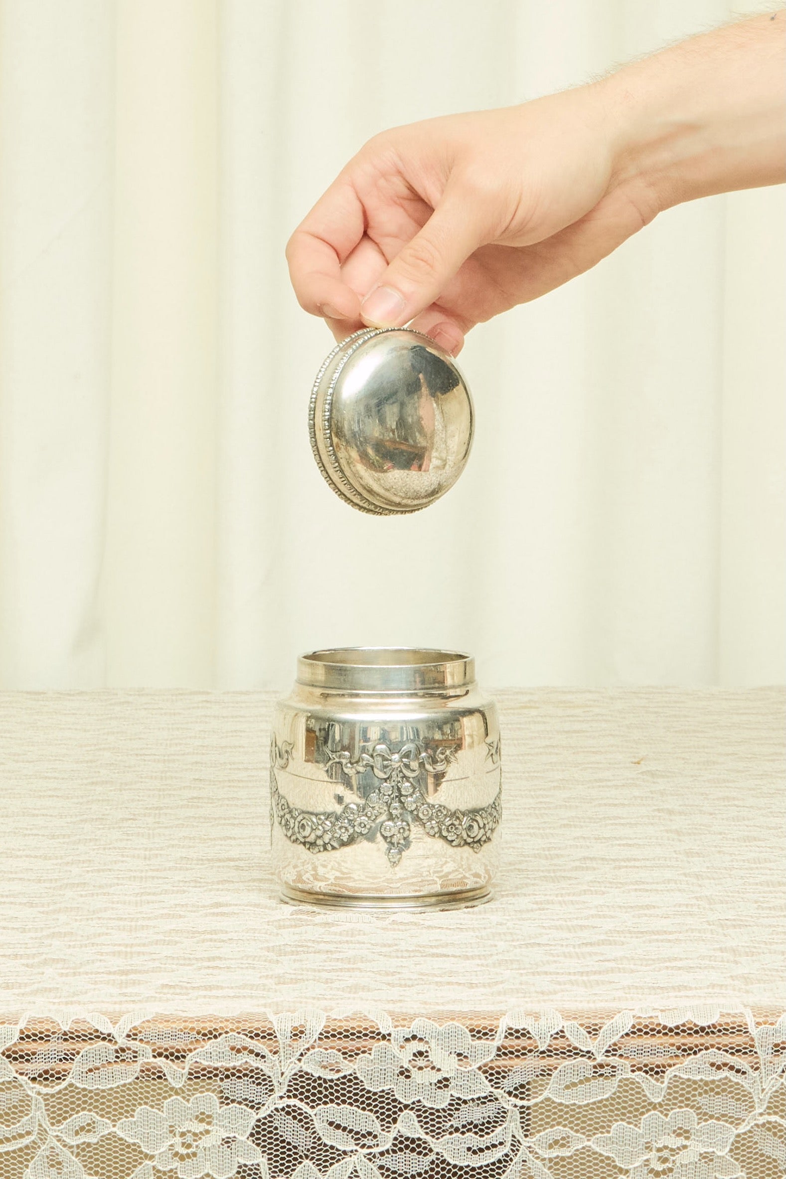 Vintage Bow Silver Tea Caddy/Trinket Dish