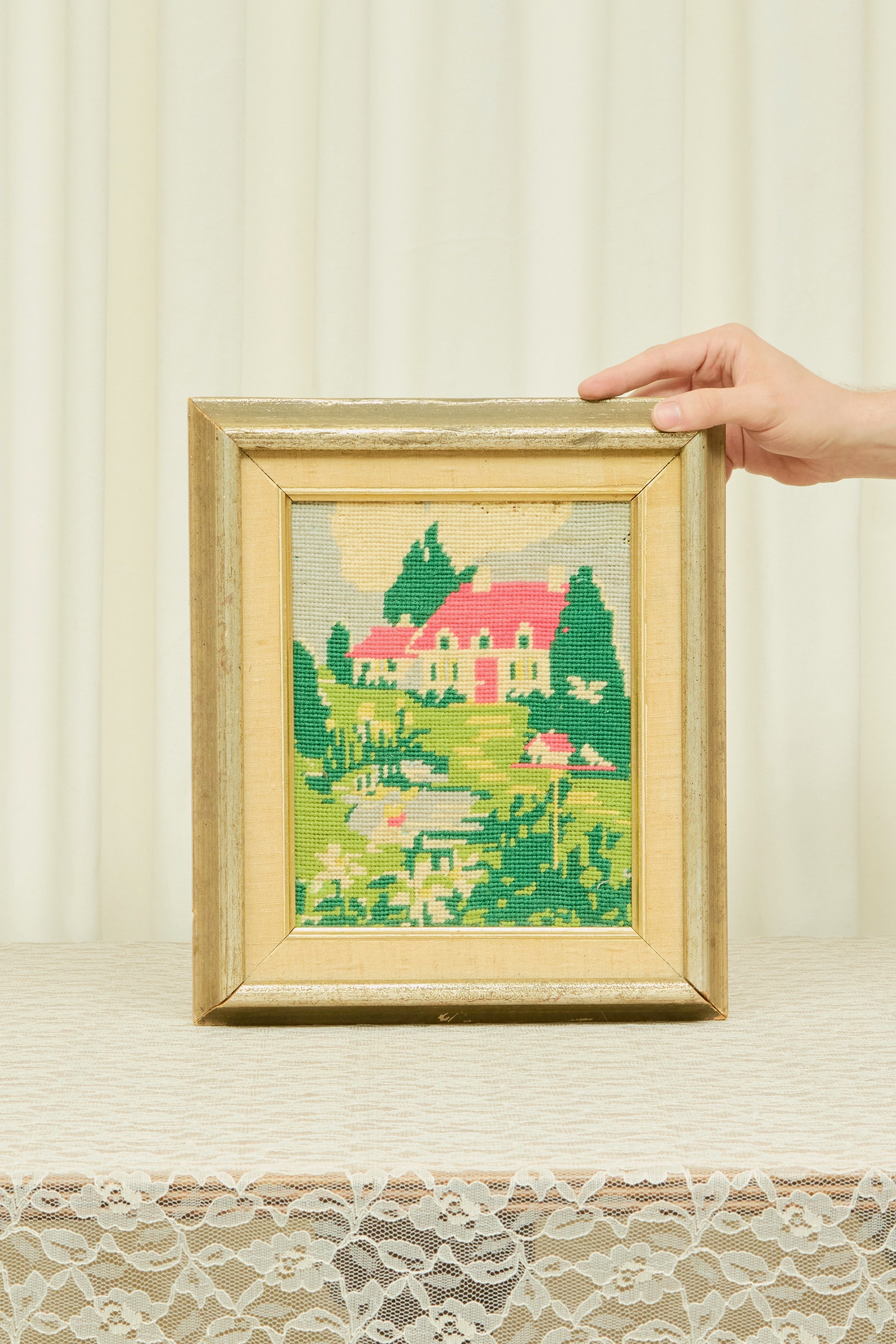 Vintage Cottage Framed Needlepoint