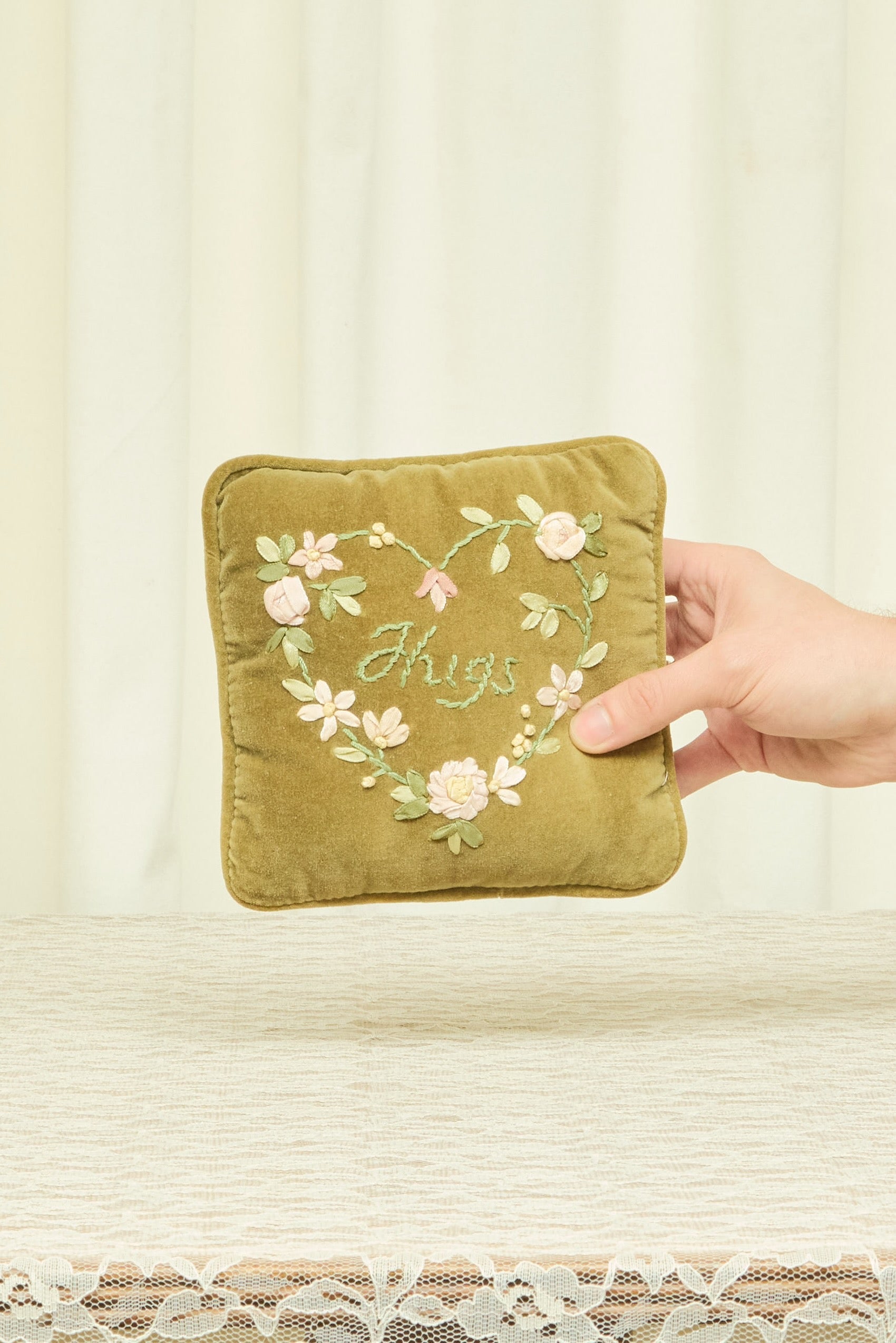 Vintage "Hugs" Embroidered Mini Pillow