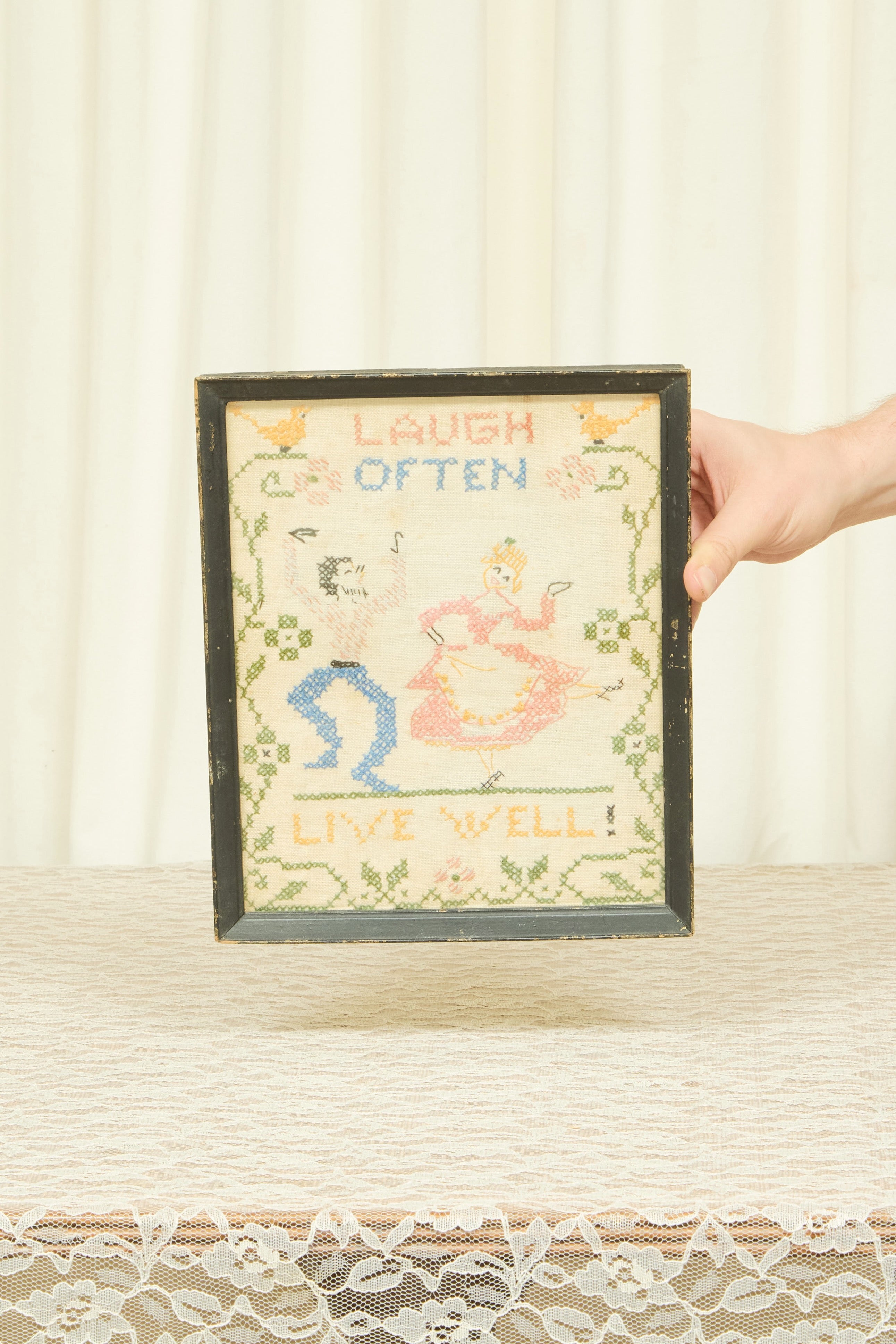 Vintage "Laugh Often, Live Well" Framed Cross Stitch