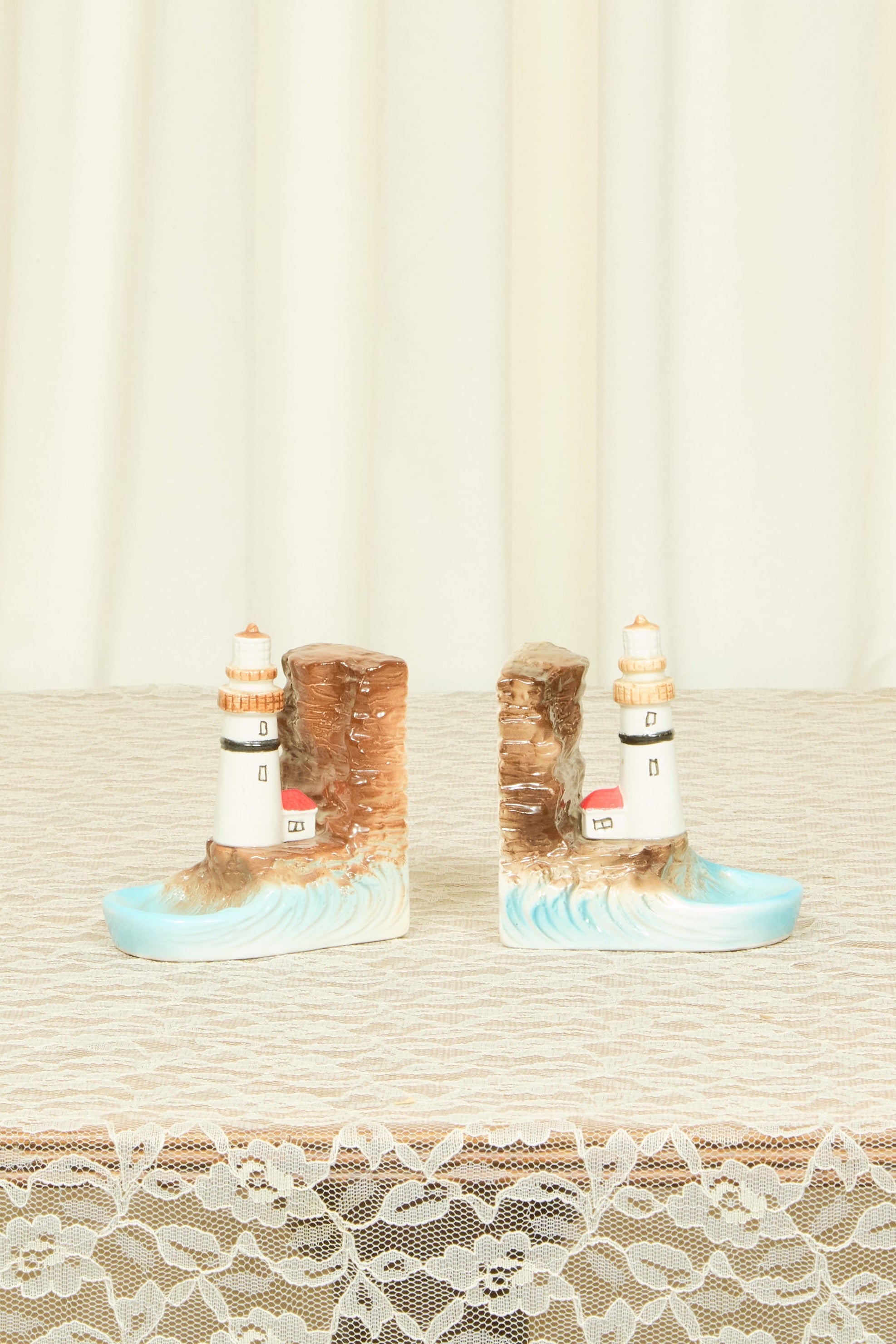 Vintage Lighthouse Bookends w/ Trinket Dish Set/2