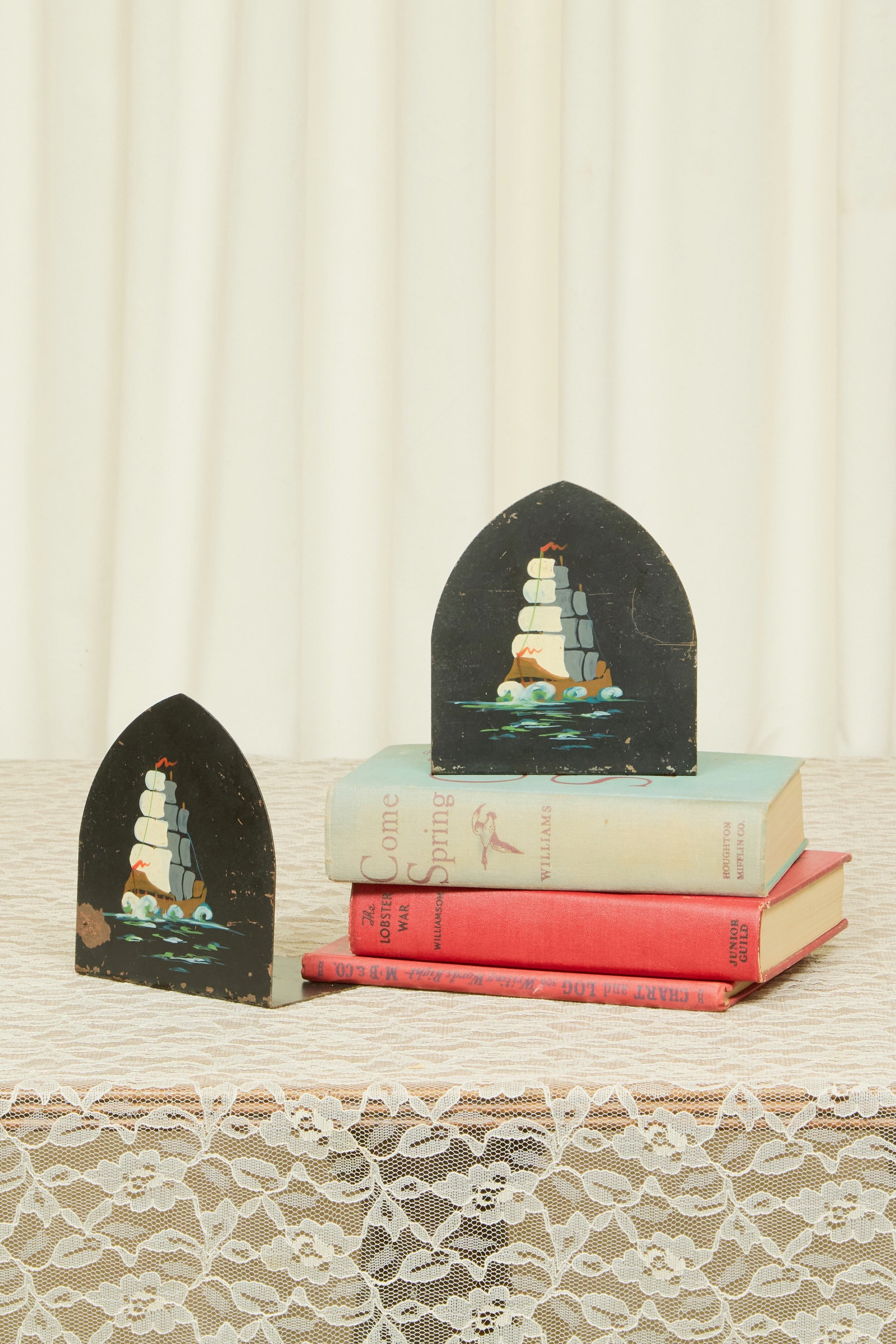 Vintage Painted Sailboat Metal Bookends Set/2