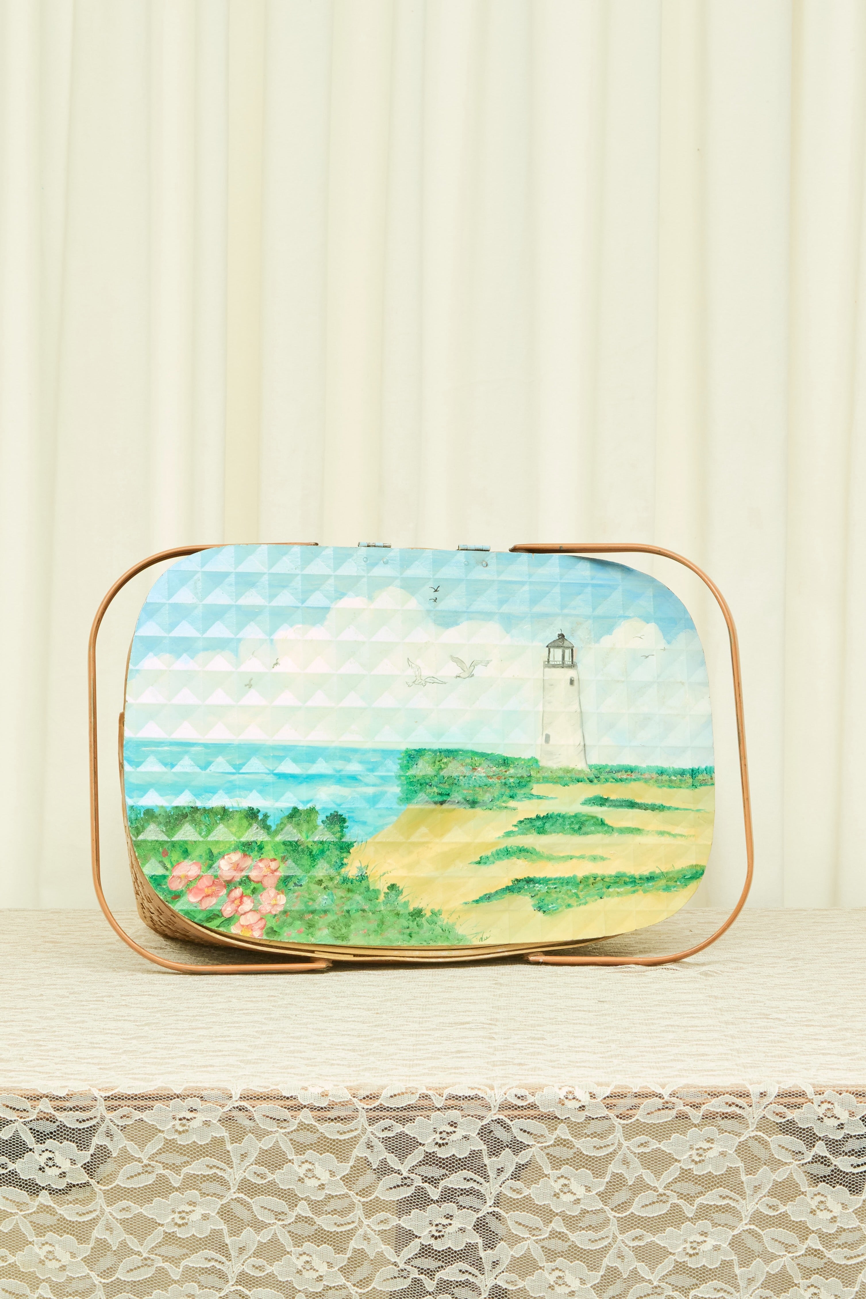 Vintage Painted Scene Picnic Basket