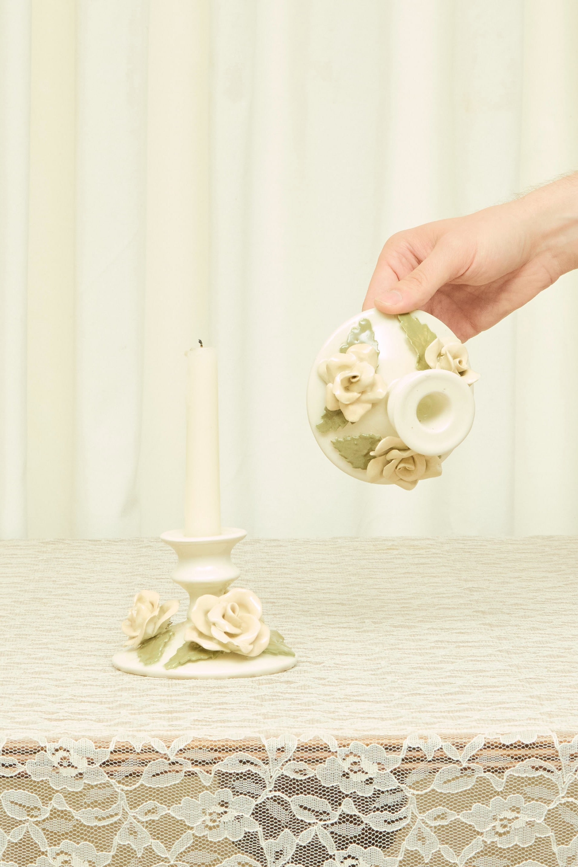 Vintage Porcelain Rose Candle Holder Set/2