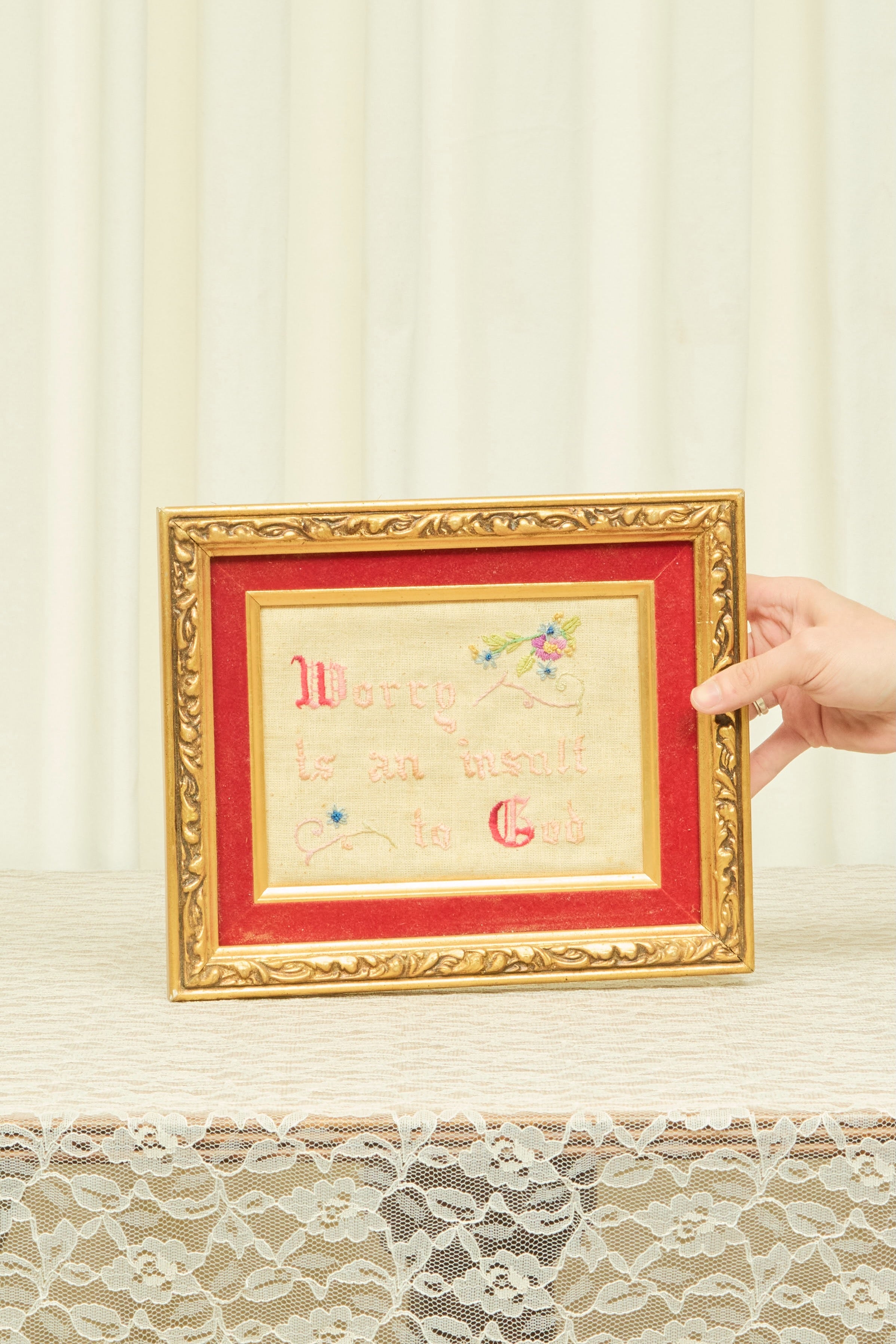 Vintage "Worry is an Insult to God" Framed Embroidery